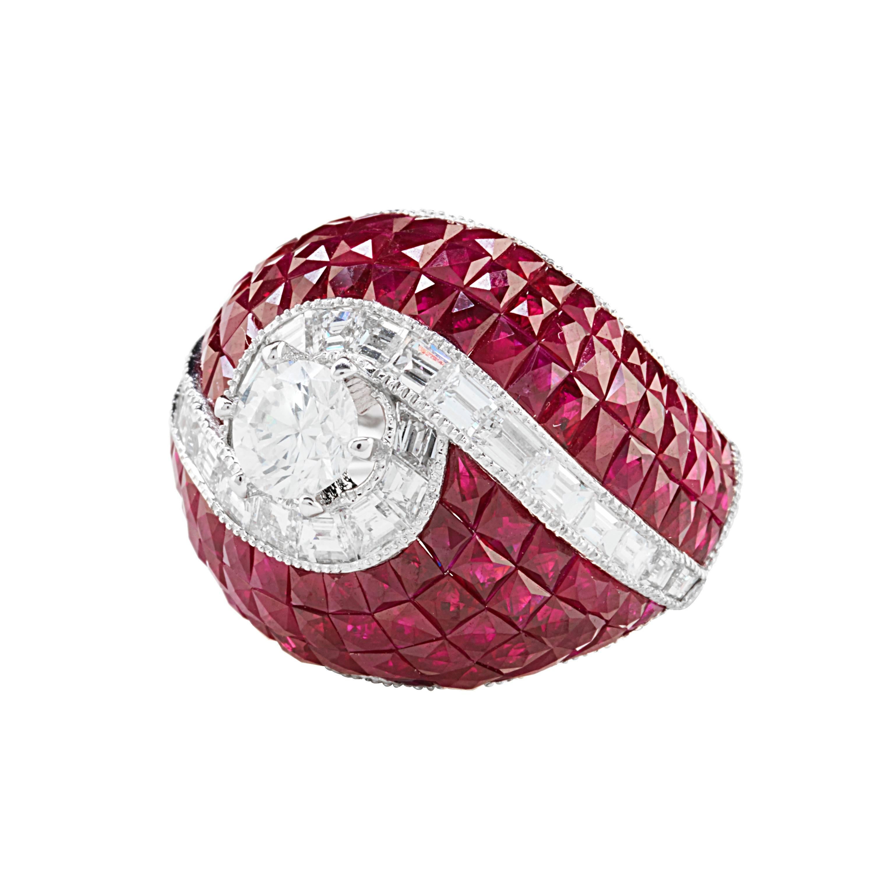 Art Deco Vivid Red Ruby Diamond Swirl Dome Ring For Sale