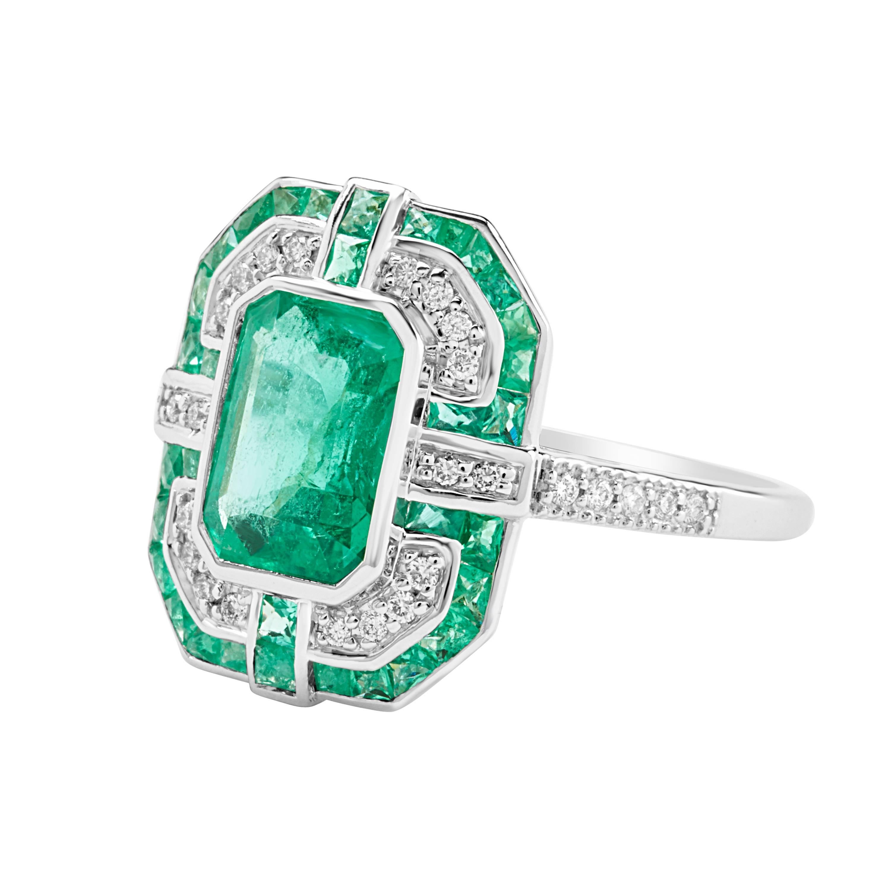 Art Deco Geometric Design Octagon Emerald Diamond Ring