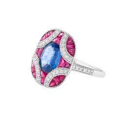 Blue Sapphire Red  Ruby Diamond Pillow Ring