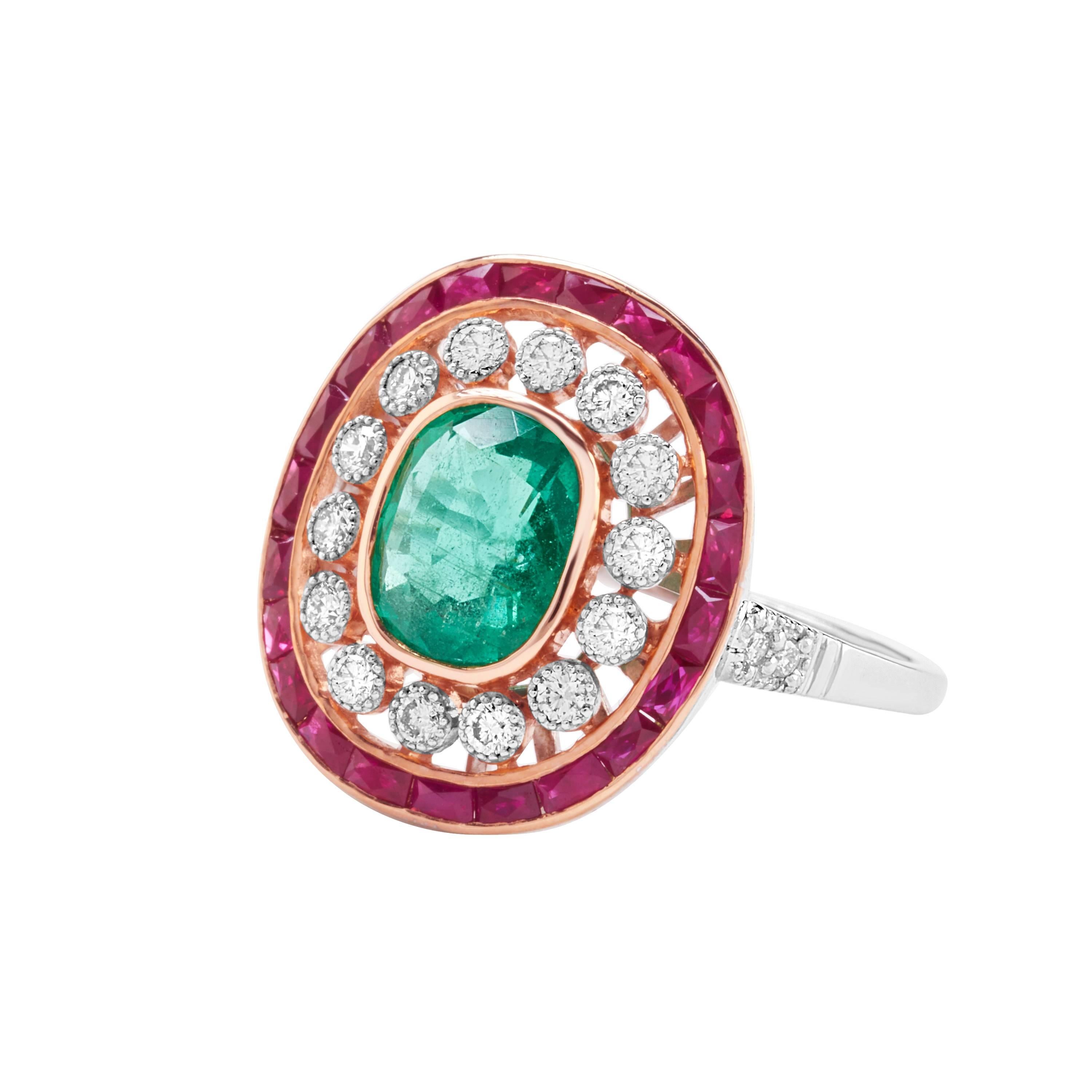A striking ring that will definitely melt your heart! Such a beautiful piece that won't let you take your eyes off.
This is a handcrafted and beautifully set with a vivid Emerald and Diamonds surrounded by Natural Burmese Ruby's.
Zambian