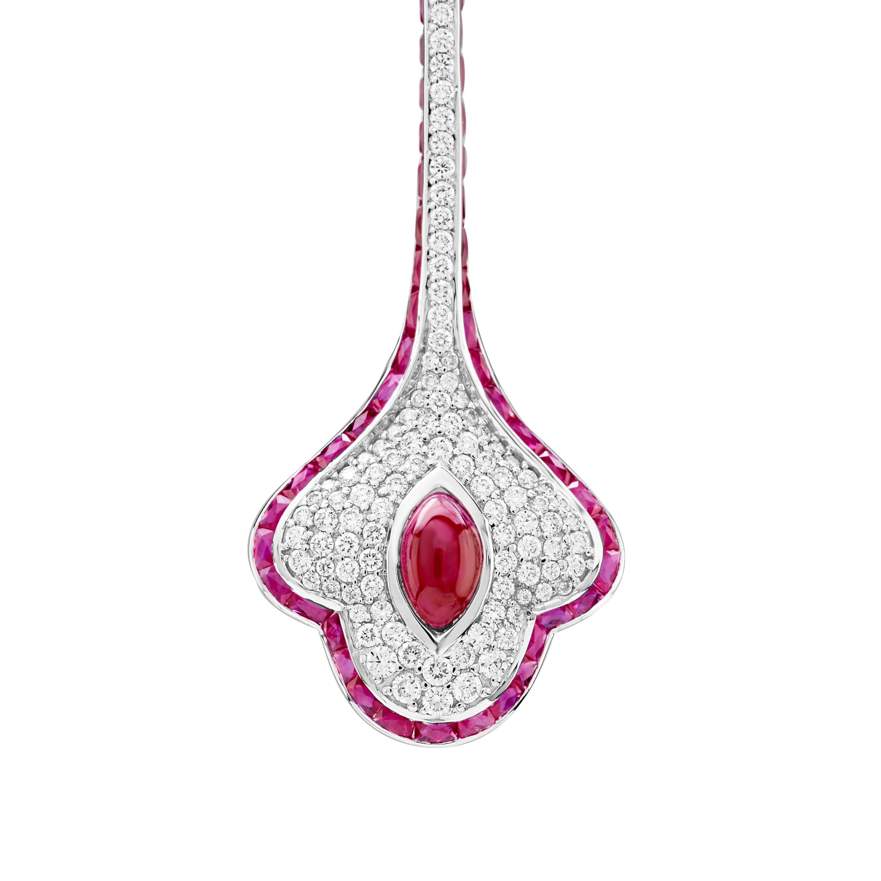 Want to stand out? Then these are the perfect earrings for you!
These earrings are 3D hand crafted with White Gold and Rose Gold bezel Set Marquise Cabochon and Oval Cabochon Natural Ruby perfect for a memorable occasion.
Ruby weighs 9.17 Carats.