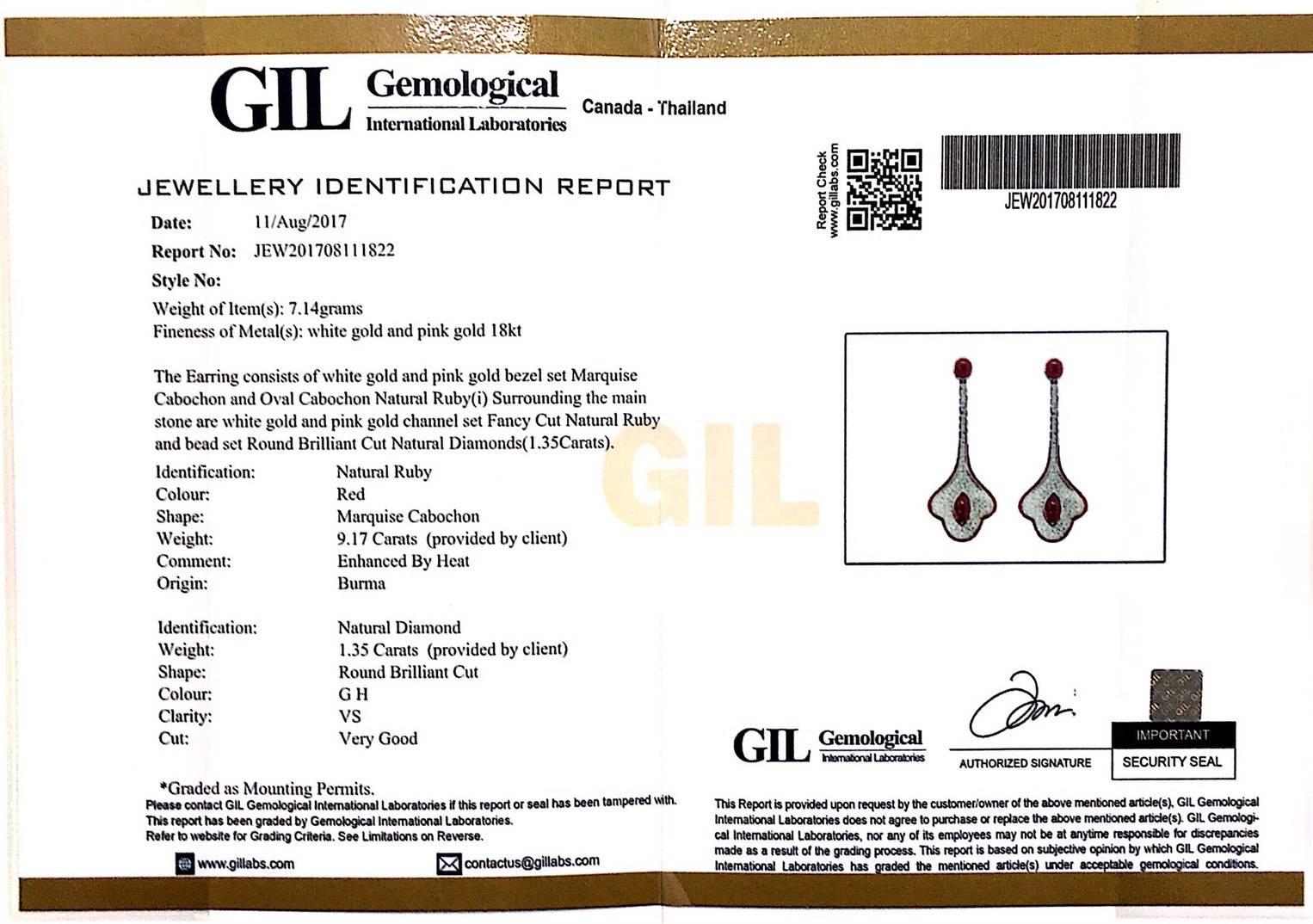 Natural Ruby and Diamond Drop Earrings In New Condition For Sale In Suriyawong Bangeak, TH