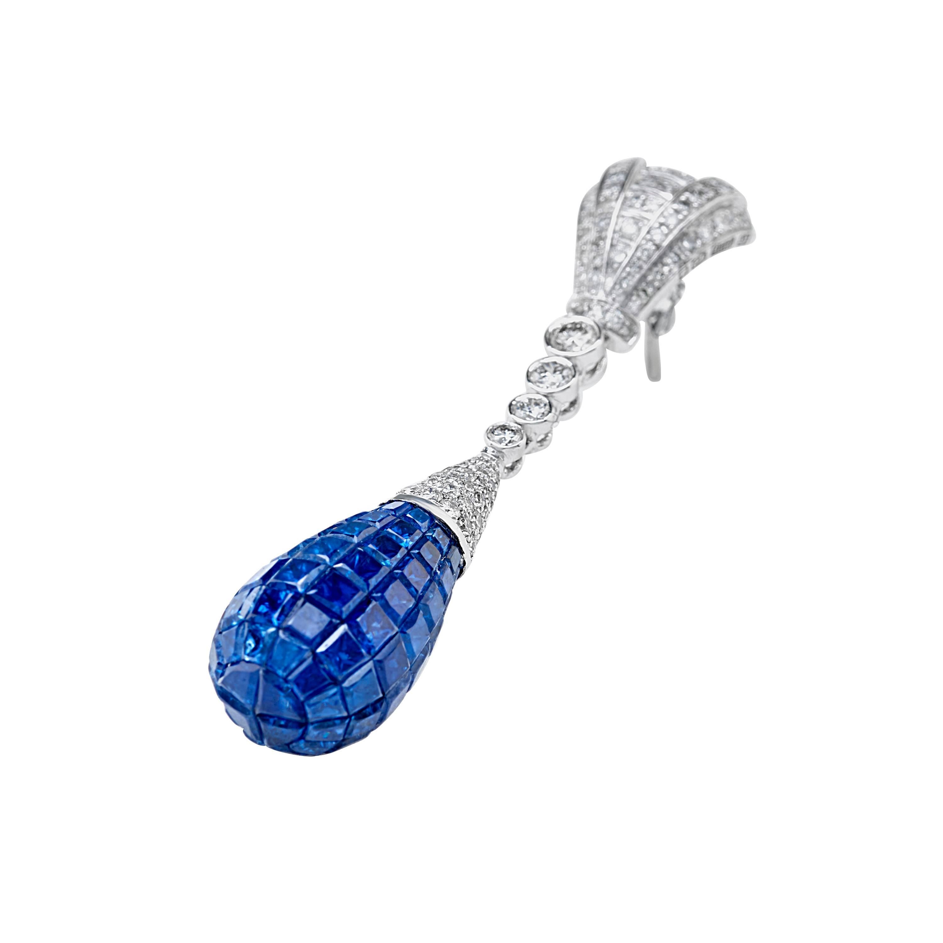 Art Deco Invisible Set Blue Sapphire Diamond Drop Earrings For Sale