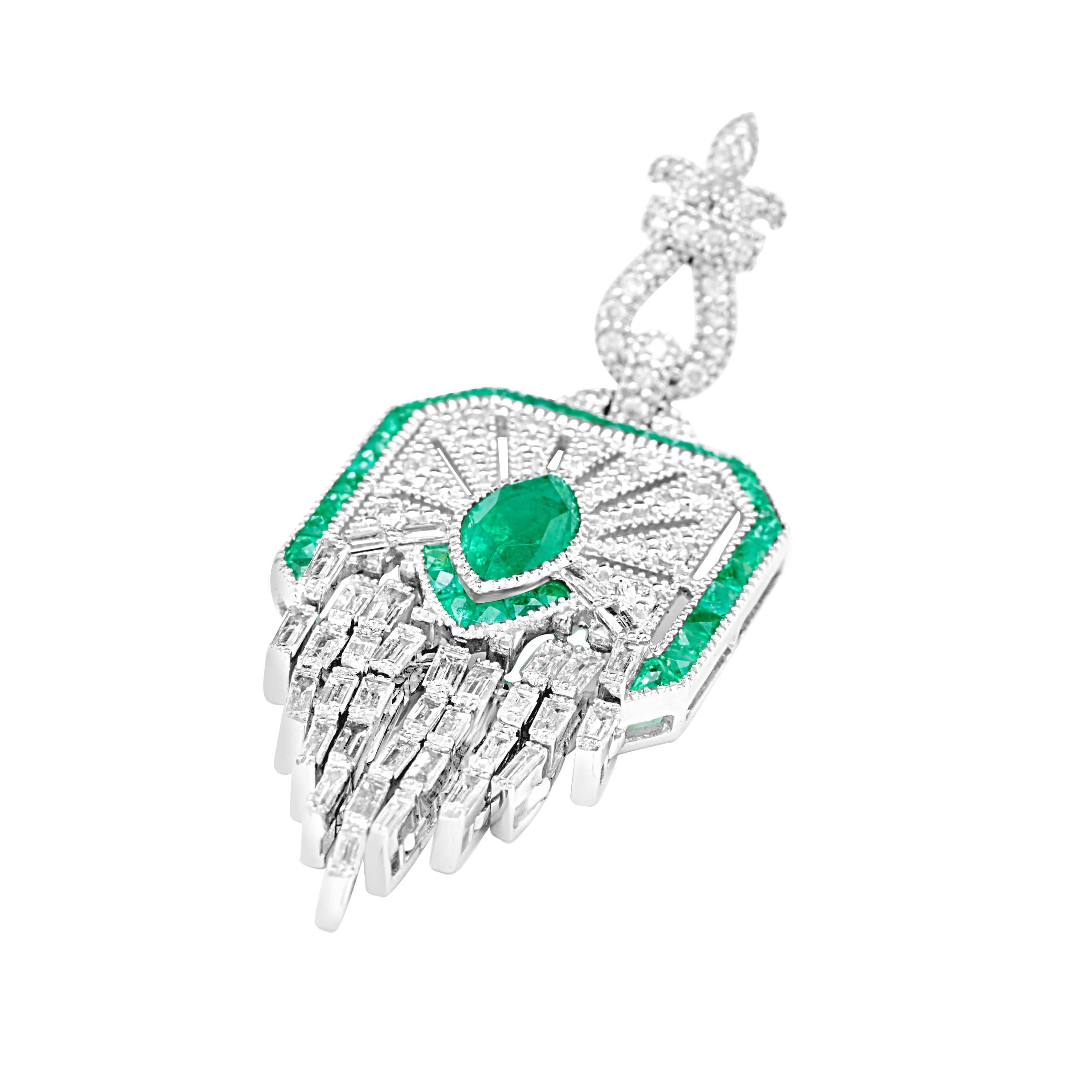 Art Deco Natural Green Colombian Emerald Diamond Cascade Drop Earrings For Sale