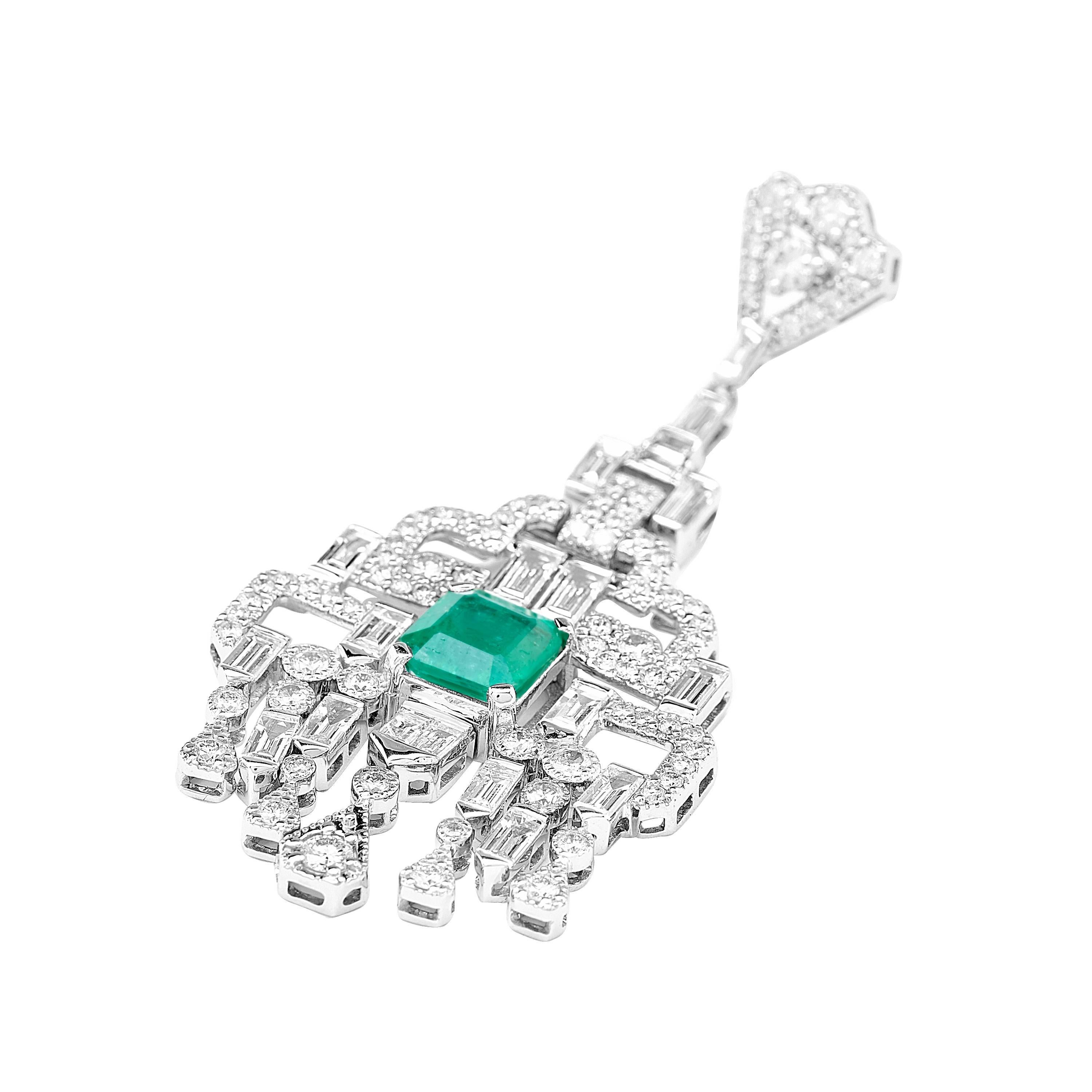 Art Deco Vivid Green Zambian Emerald Diamond Chandelier Earrings For Sale