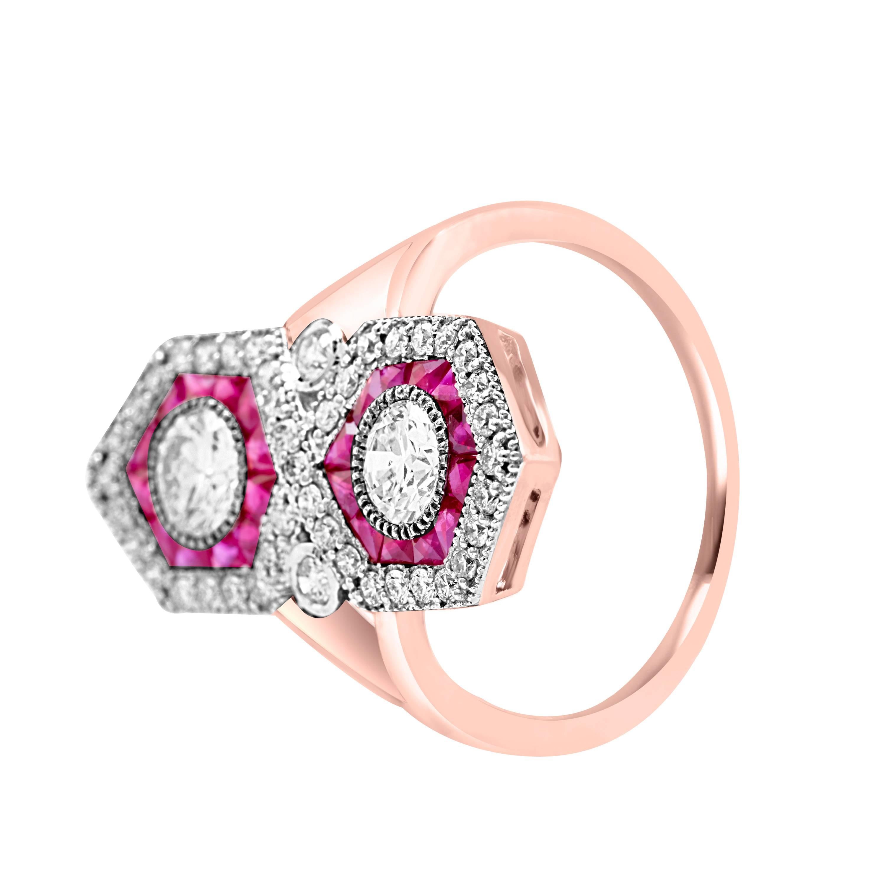 The ring consists of white gold and rose gold channel set fancy cut natural Burmese ruby's surround by beautiful diamonds bezel set handcrafted to perfection. The ring is a beautiful Natural Diamond elegant to the eye with a Round Brilliant Cut.