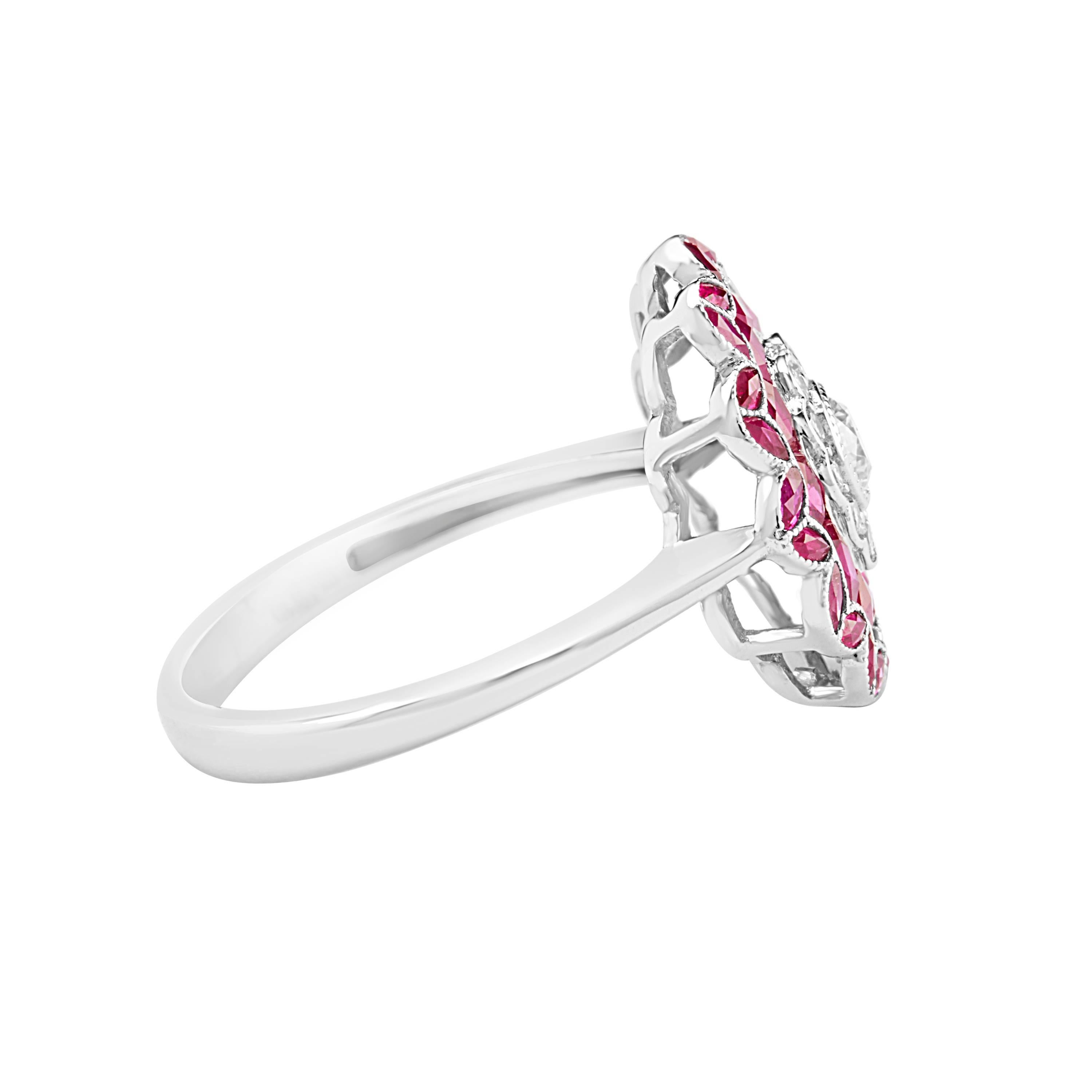 If you love flowers, This will be the perfect Ring for you.
The ring is carefully set with tiny ruby,s intricately cut to perfection.
It features 2.25 carats of ruby,s followed by  0.30 carts of diamonds .
This ring is adorable its a must have.