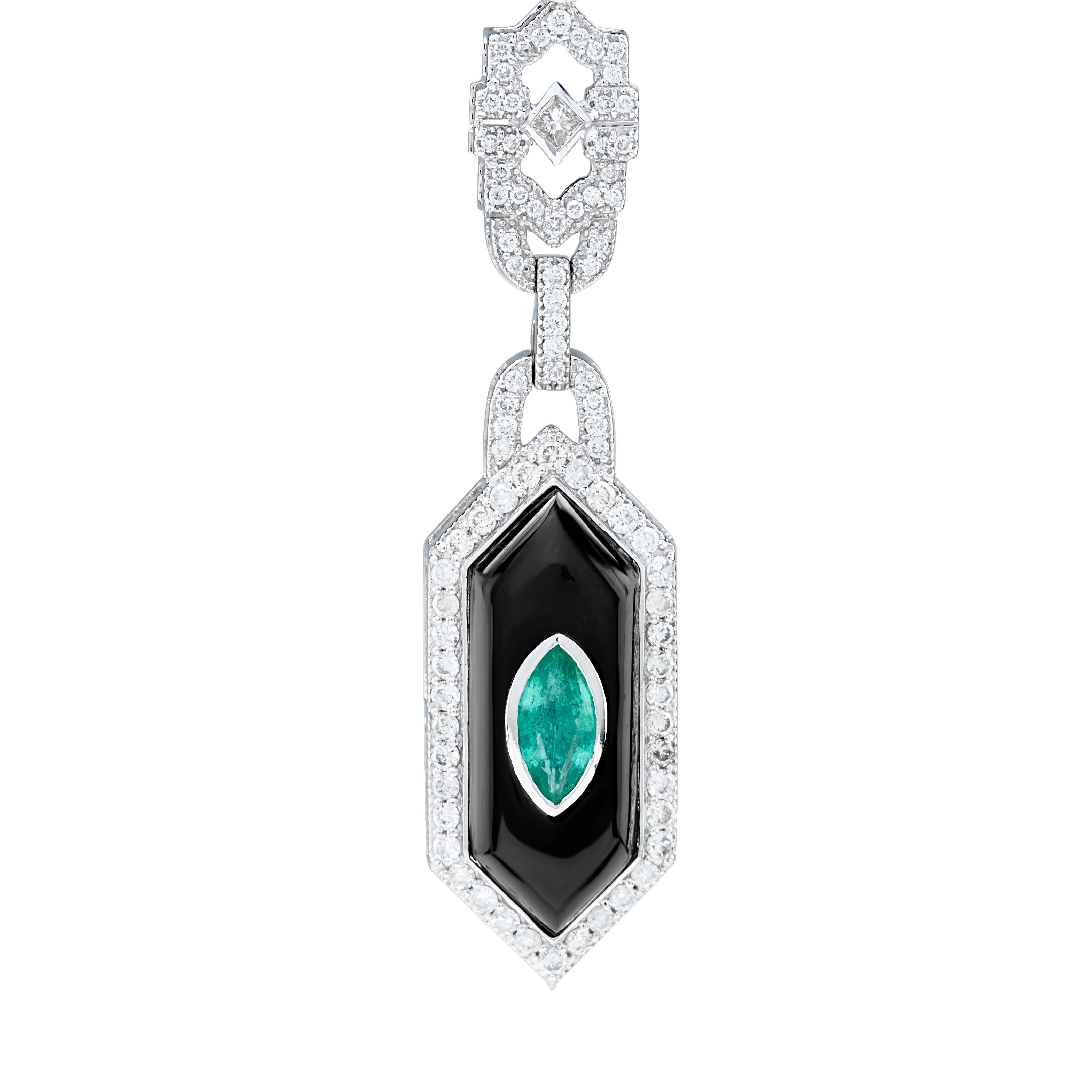 Art Deco Hexagon  Emerald Onyx Diamond Drop Earrings For Sale