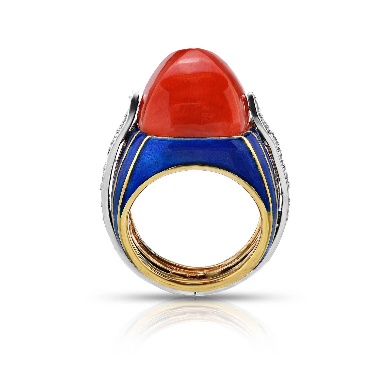 A coral, diamond and enamel ring,
Donald Claflin for Tiffany & Co., circa 1970

A coral, diamond and enamel ring, Donald Claflin for Tiffany & Co., circa 1970
centering a sugarloaf cabochon coral, measuring approximately 14.5 x 13.9mm, with a blue