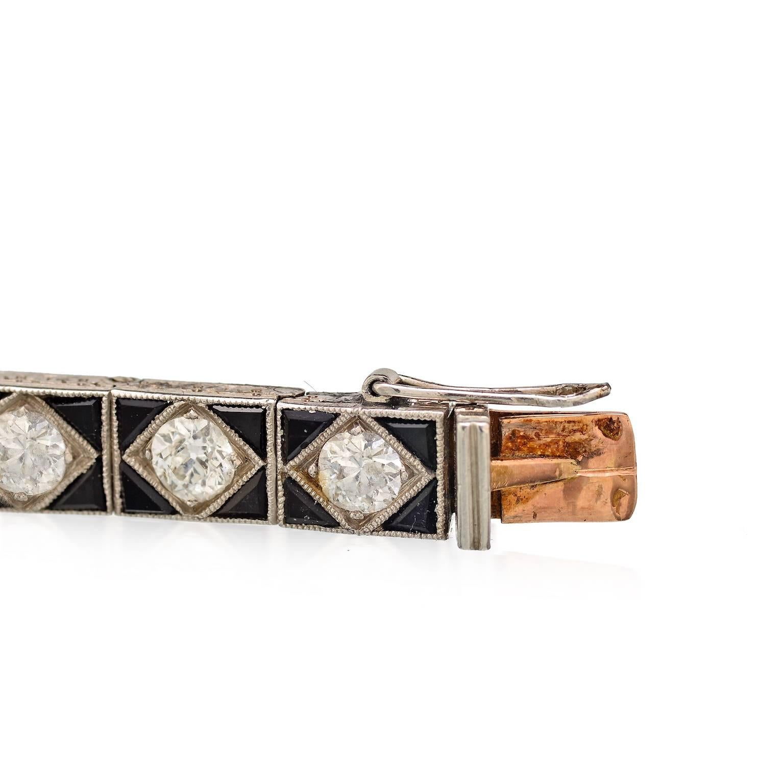 Women's or Men's French Art Deco Diamond Onyx Platinum Bracelet