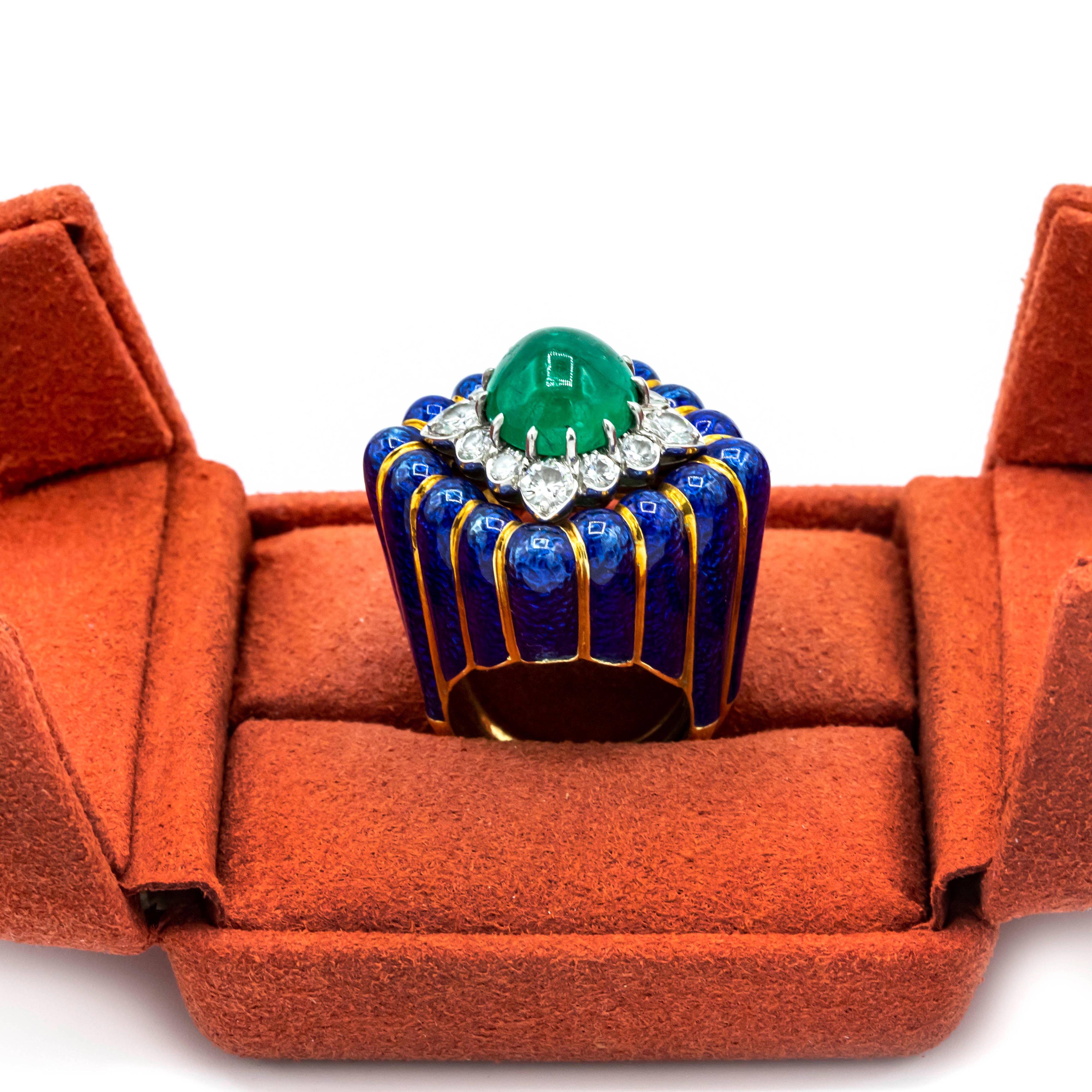 David Webb Blue Enamel and Green Cabochon Emerald Diamond Rhombus Ring 2