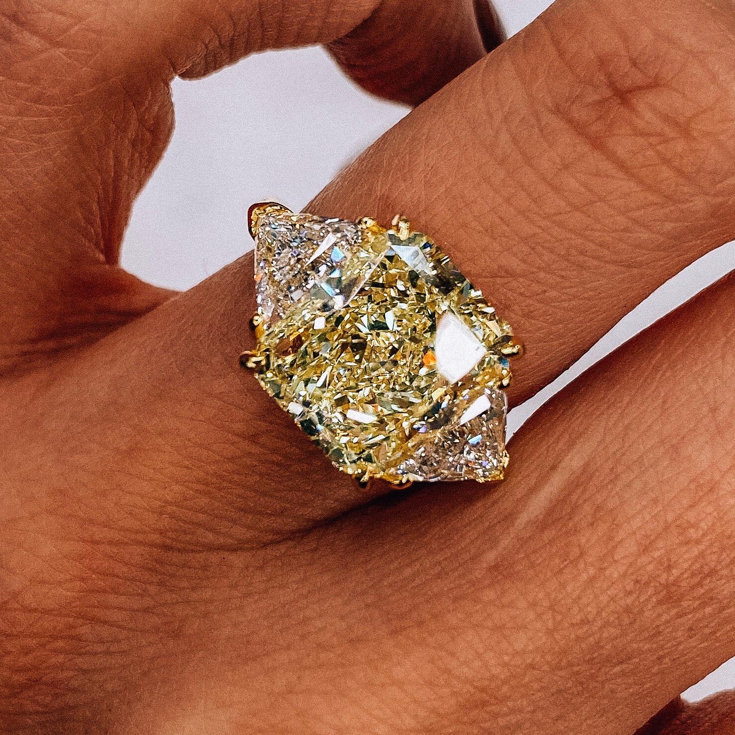 Women's 6.76 Carat Radiant Cut Fancy Yellow VVS2 Diamond Three-Stone Engagement Ring