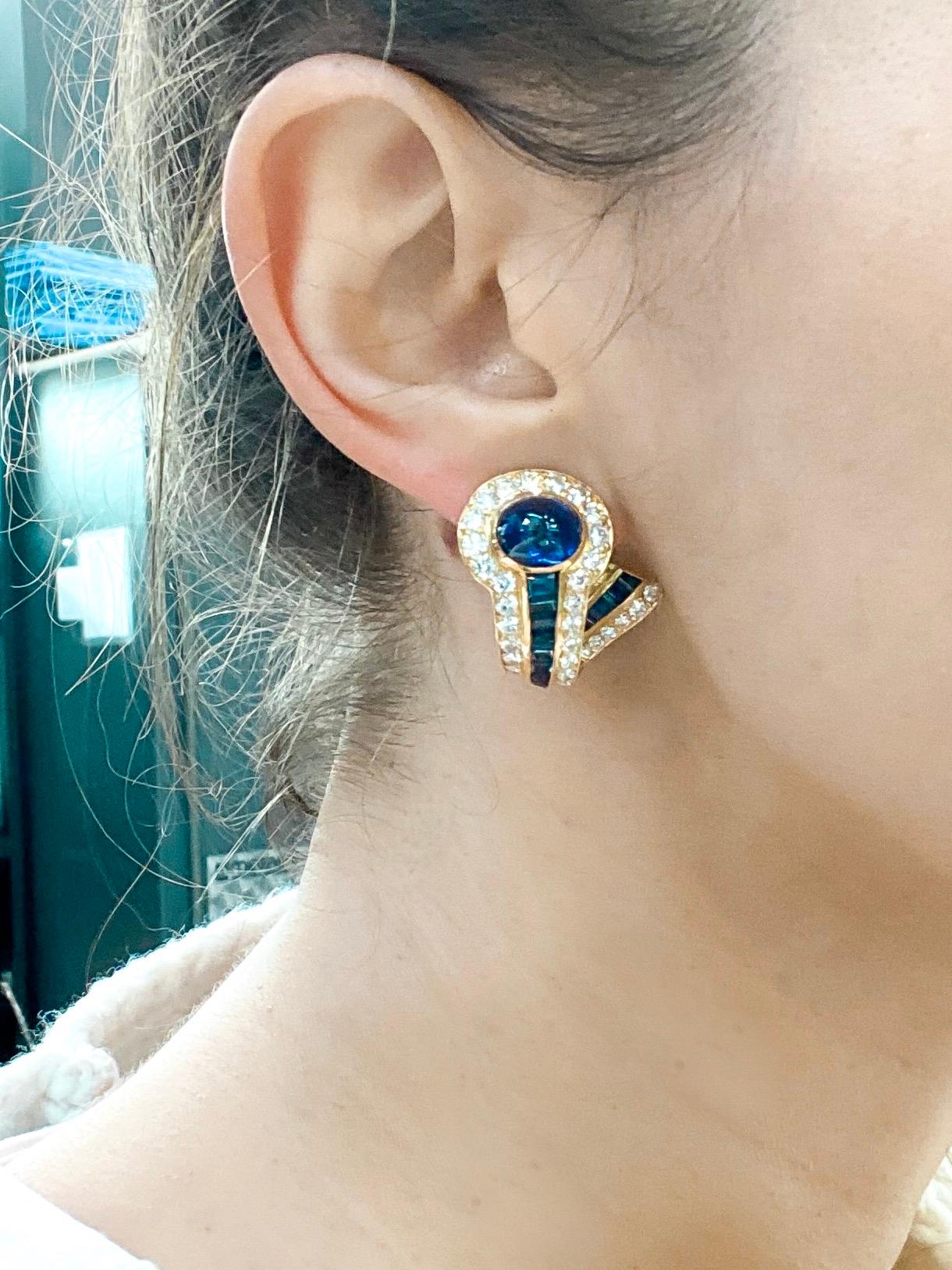 Boucheron 18 Karat Yellow Gold Cabochon Sapphires and Diamond Earrings In Excellent Condition In New York, NY