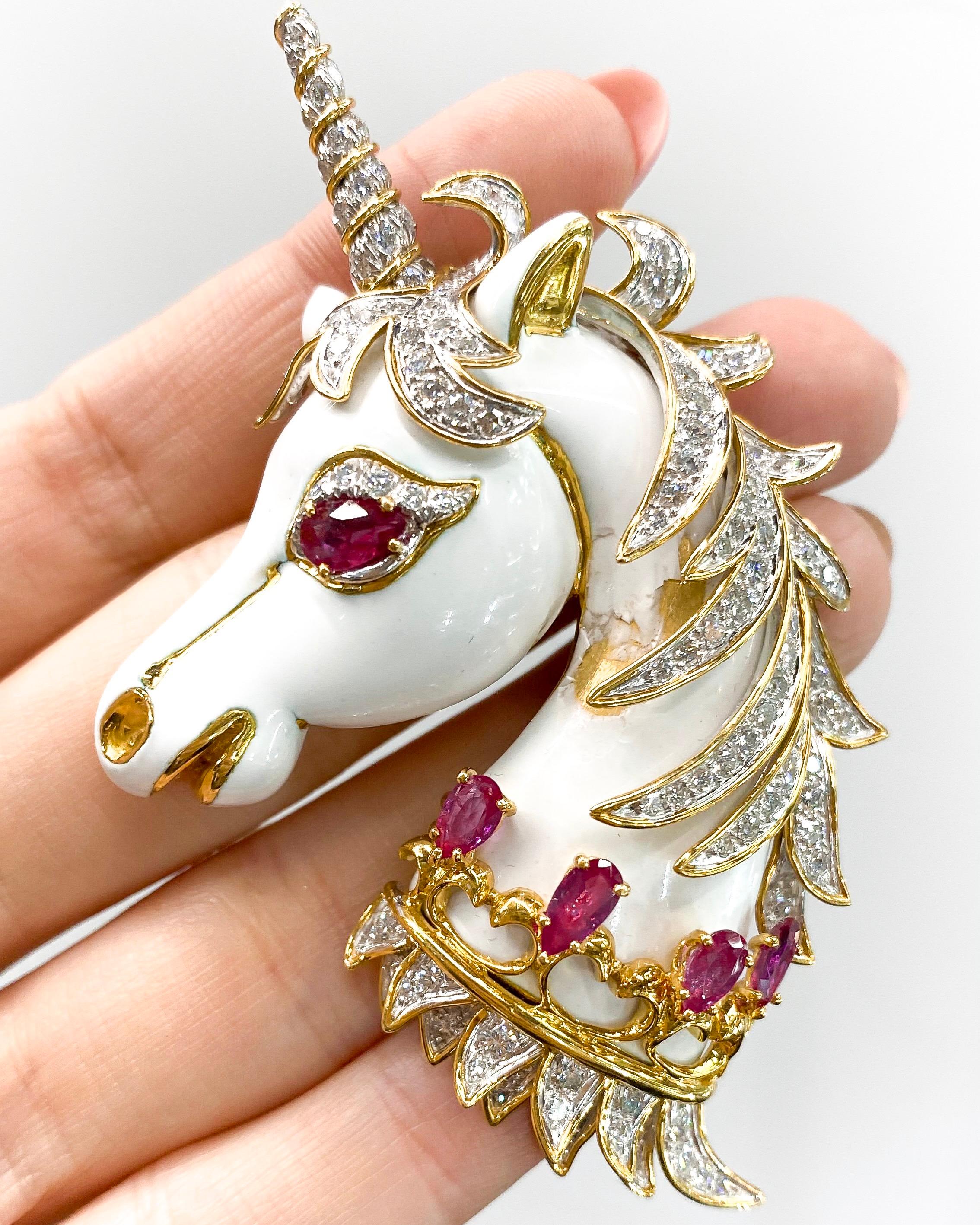 David Webb White Unicorn 18 Karat Yellow Gold Enamel, Diamonds, Rubies Brooch In Excellent Condition For Sale In New York, NY