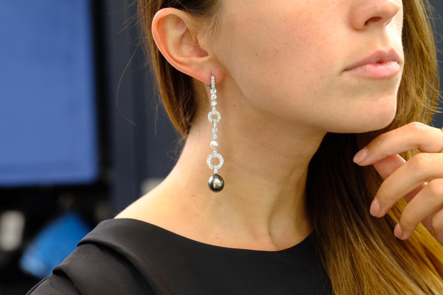 Modern Cartier Himalia Diamond and Pearl Dangle Drop Earrings