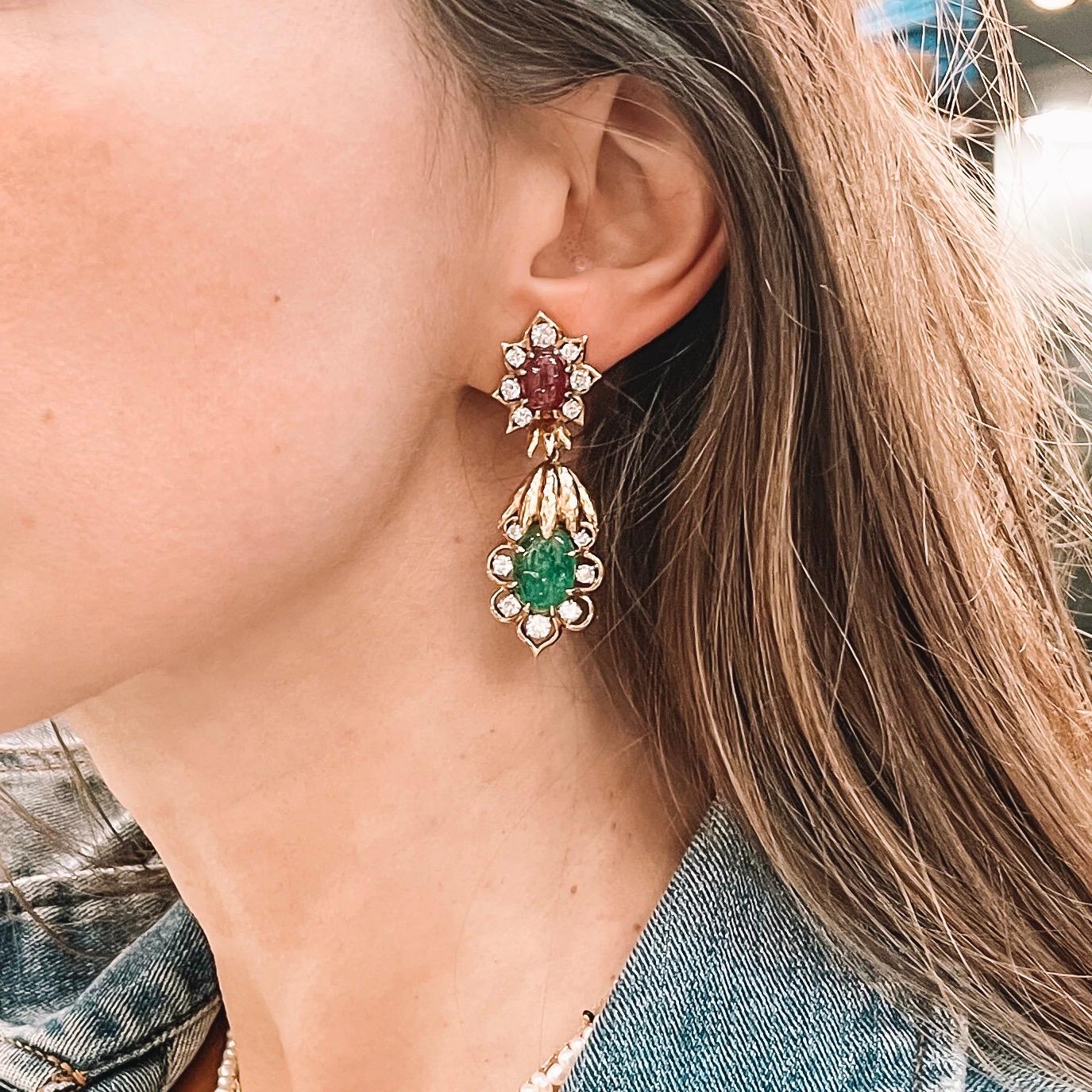 David Webb 18 Karat Yellow Gold Diamond, Emerald and Ruby Earrings In Good Condition In New York, NY