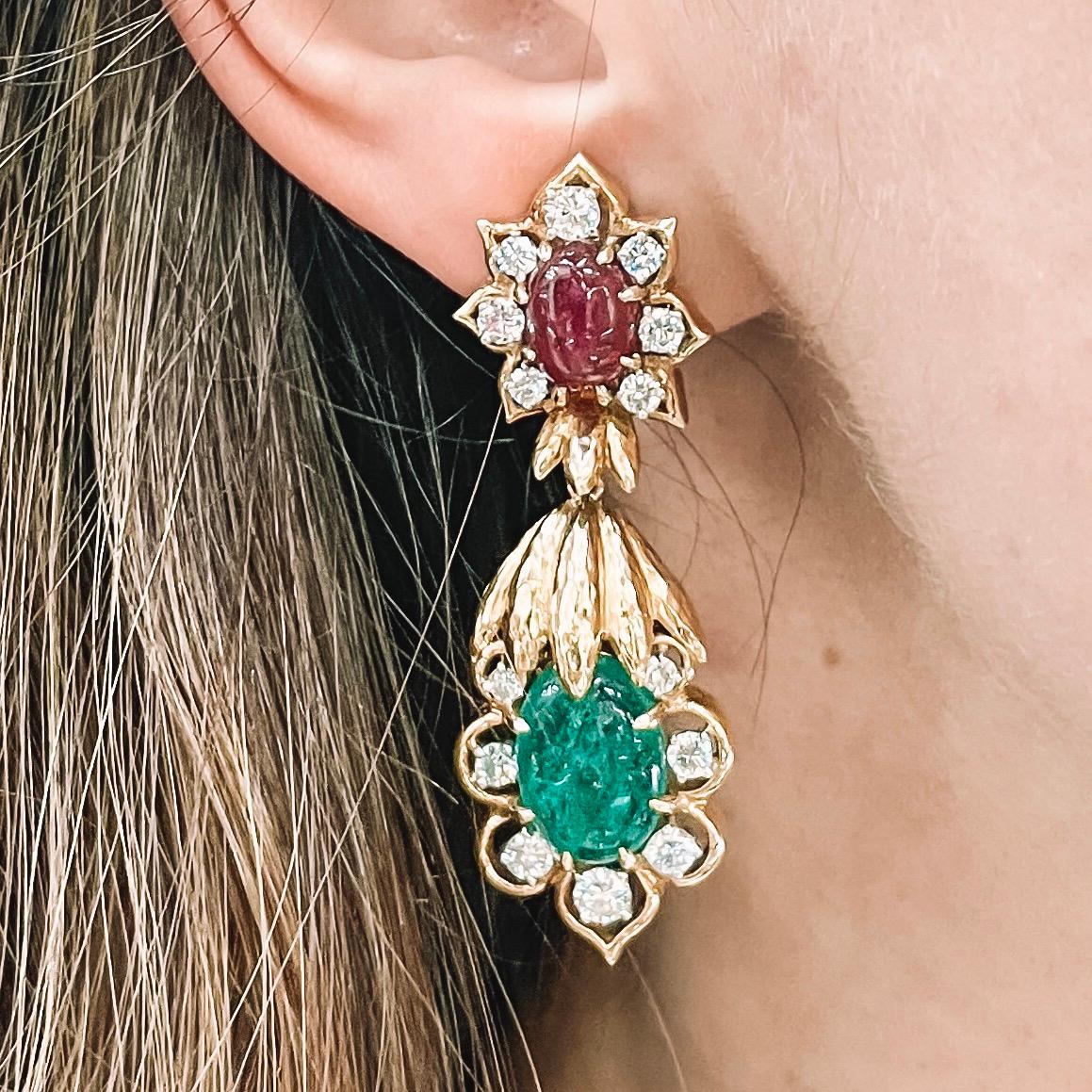 Women's David Webb 18 Karat Yellow Gold Diamond, Emerald and Ruby Earrings