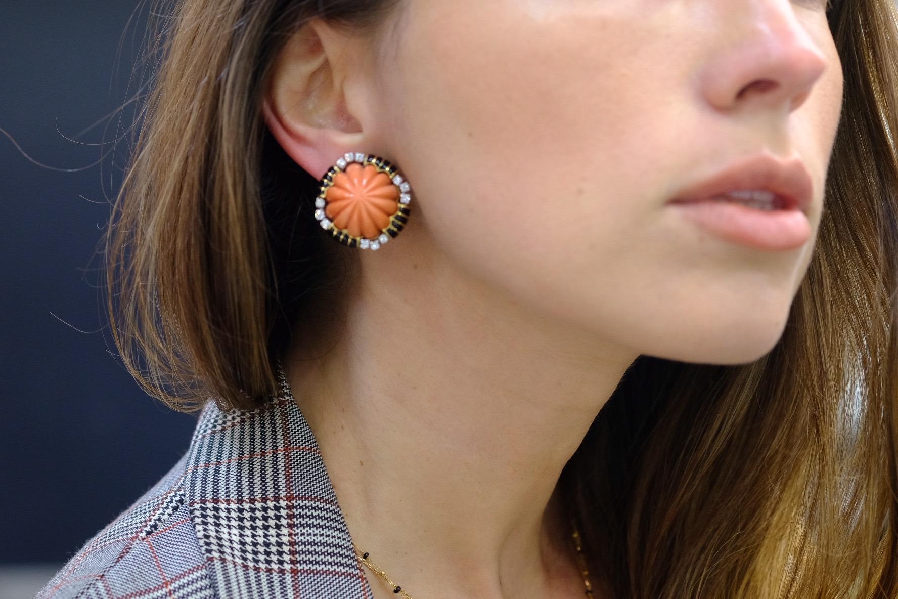 David Webb 18 Yellow Gold Round Orange Coral Diamond Pierced Earrings For Sale 1
