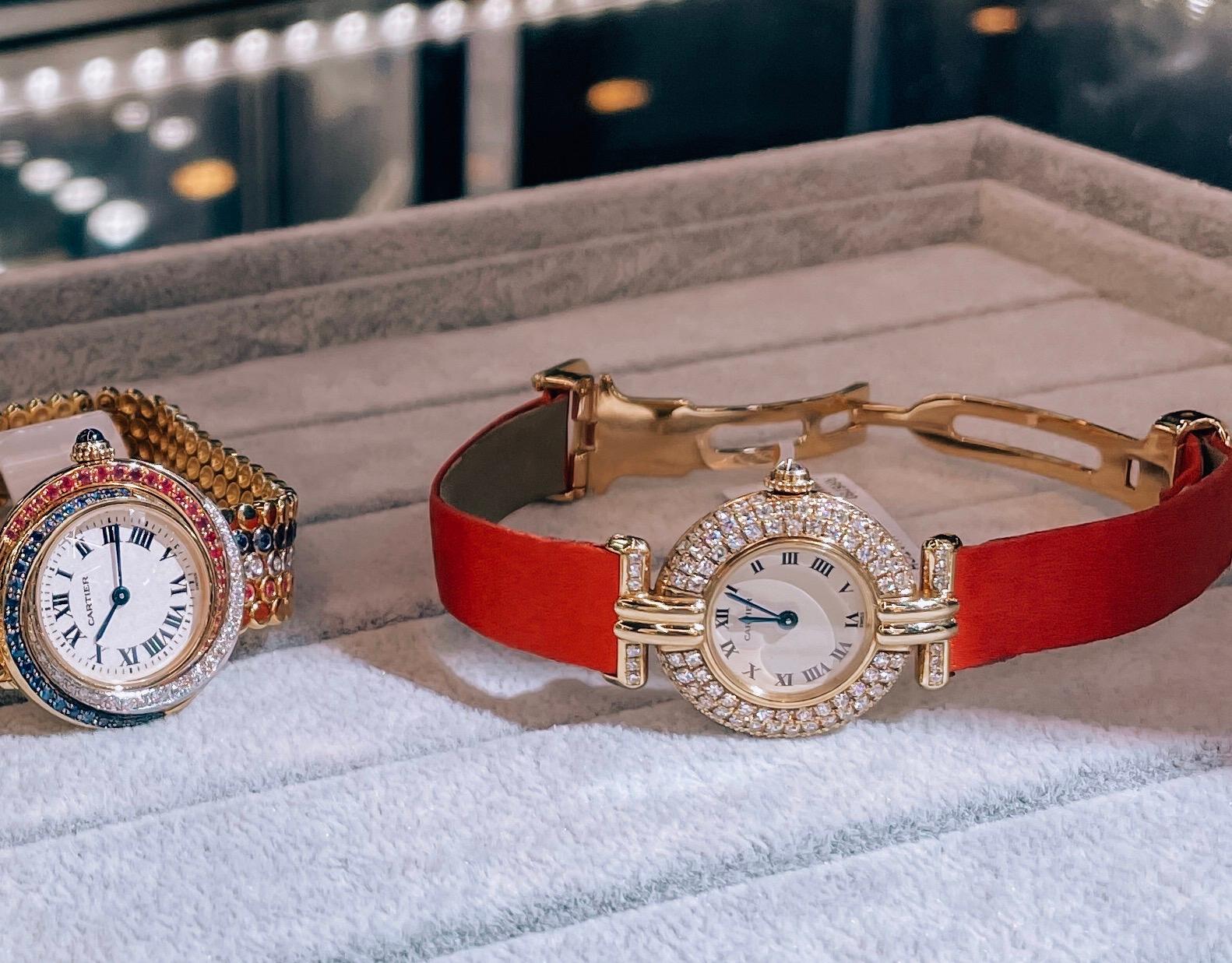 Round Cut Cartier 18k Yellow Gold Colisee Diamond Satin Strap Watch