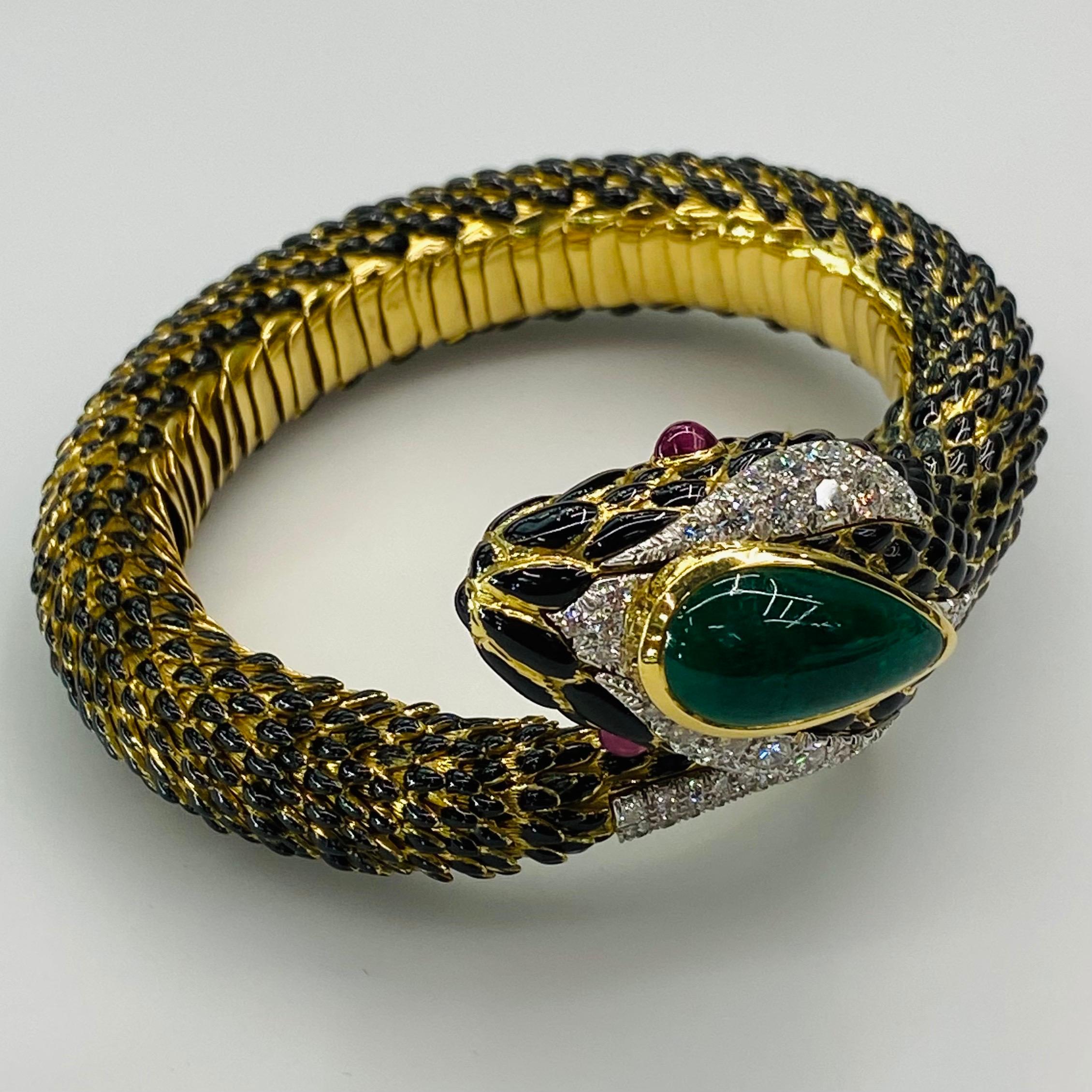 Pear Cut David Webb Gold, Emerald, Ruby and Diamond Snake Charmer Bracelet For Sale