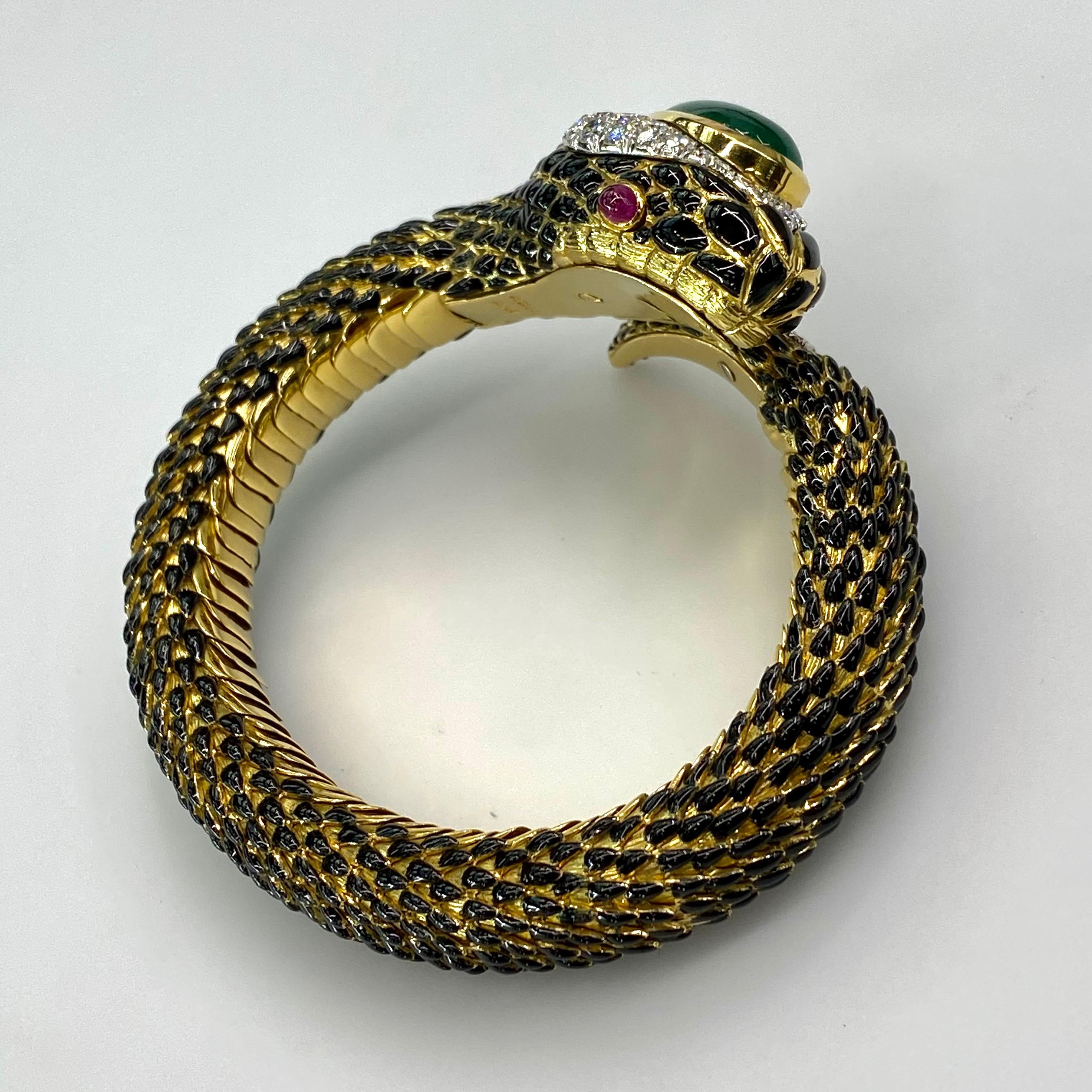 Women's or Men's David Webb Gold, Emerald, Ruby and Diamond Snake Charmer Bracelet For Sale