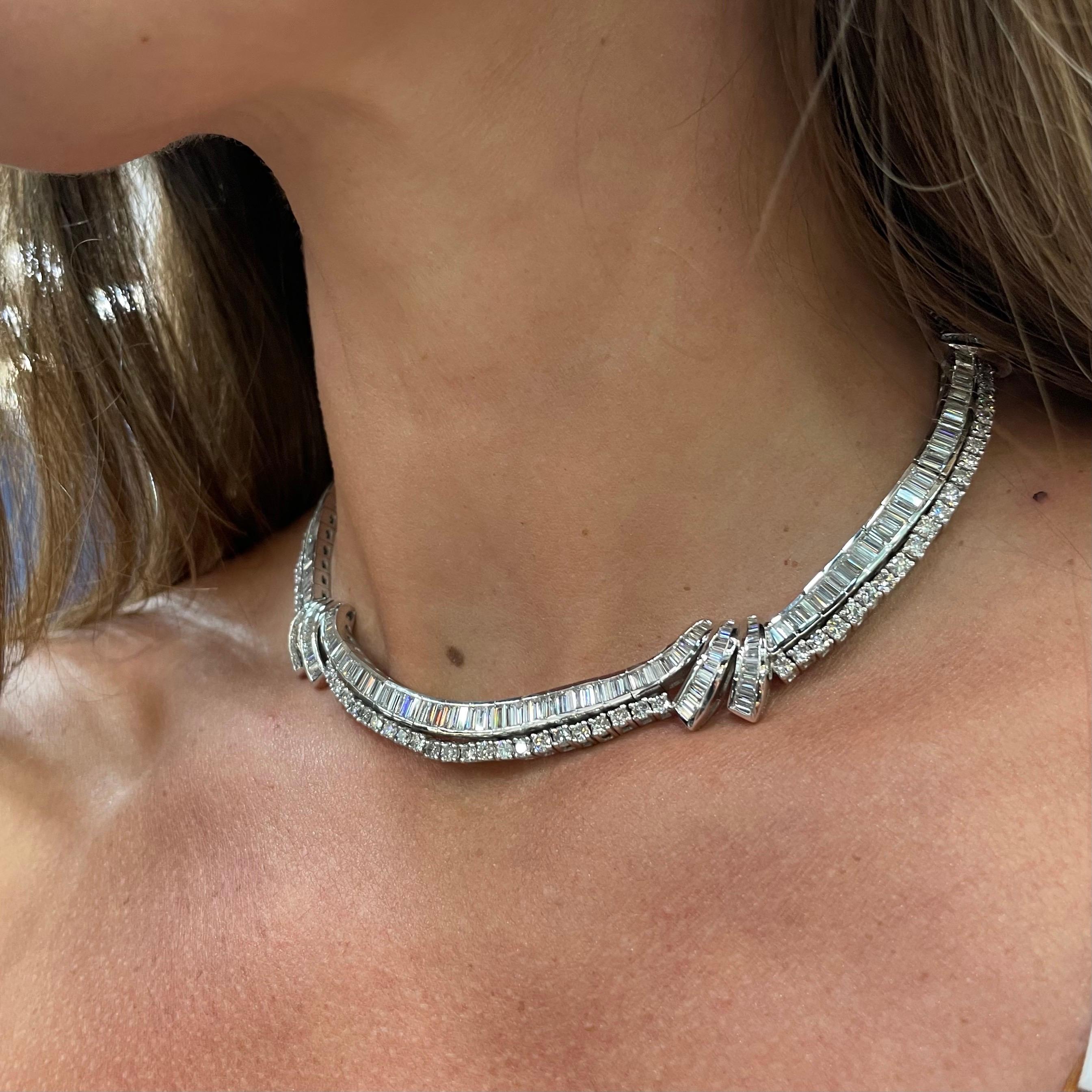 Modern 23 Carat Platinum Baguette and Round Diamond Collar Necklace