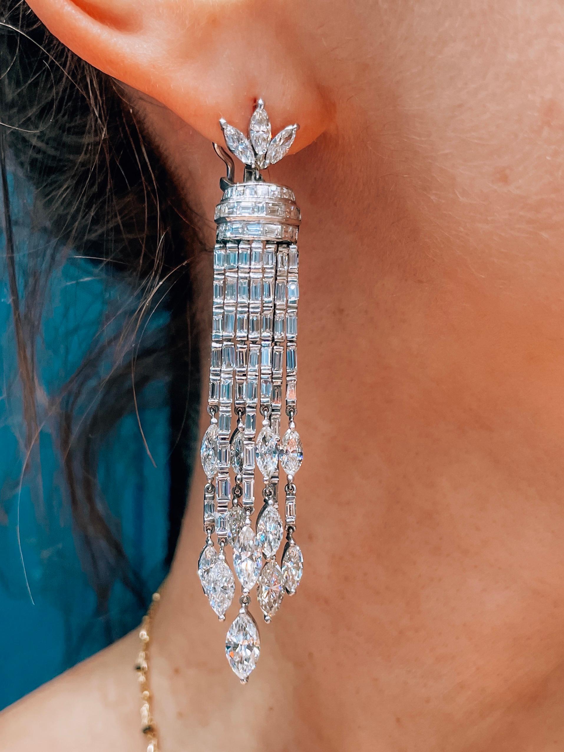 Women's Platinum 27 Carat Diamond Hanging Chandelier Earrings For Sale