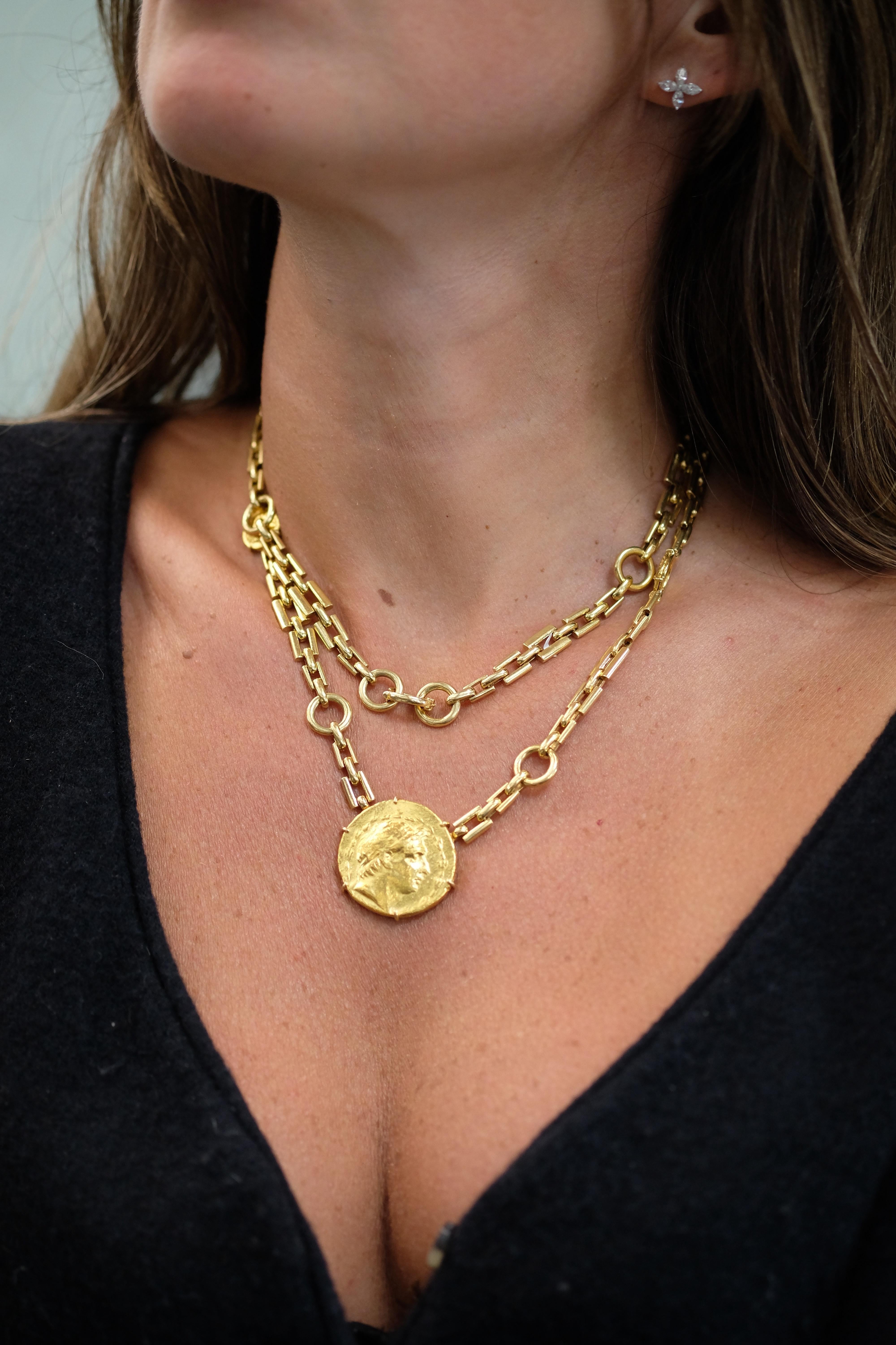 David Webb, collier à longue chaîne en or jaune 18 carats avec pièce de monnaie grecque ancienne 1