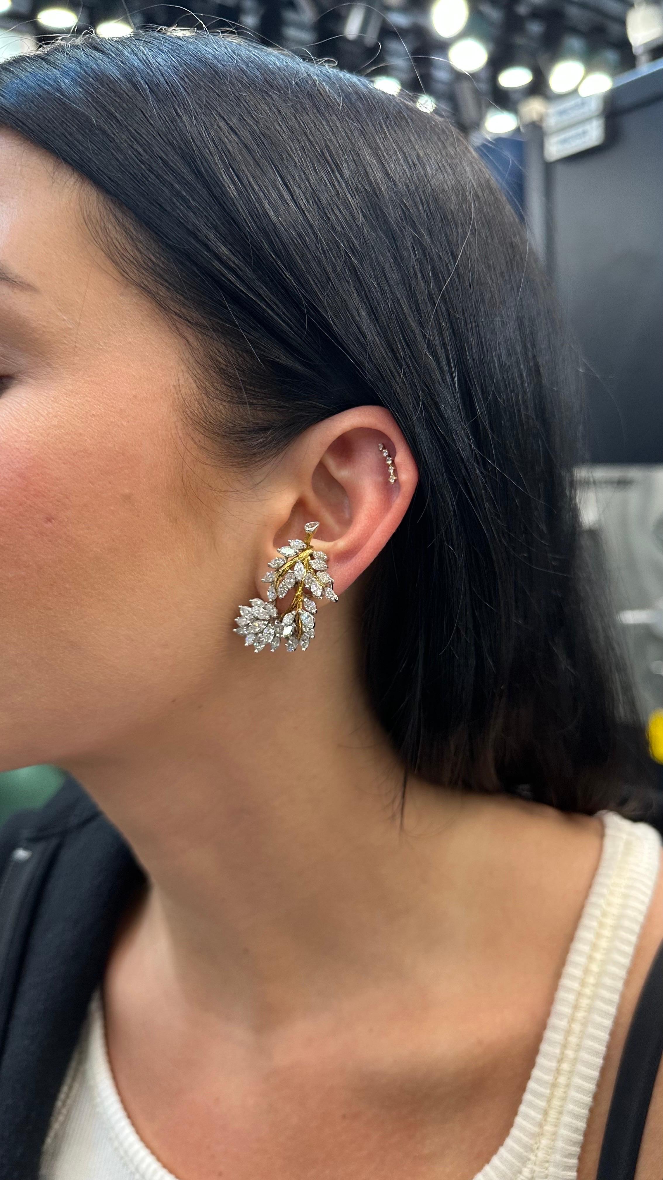 Circa 1970's Platinum 18K Yellow Gold 10.00cttw Marquise Foliage Earrings in vendita 1