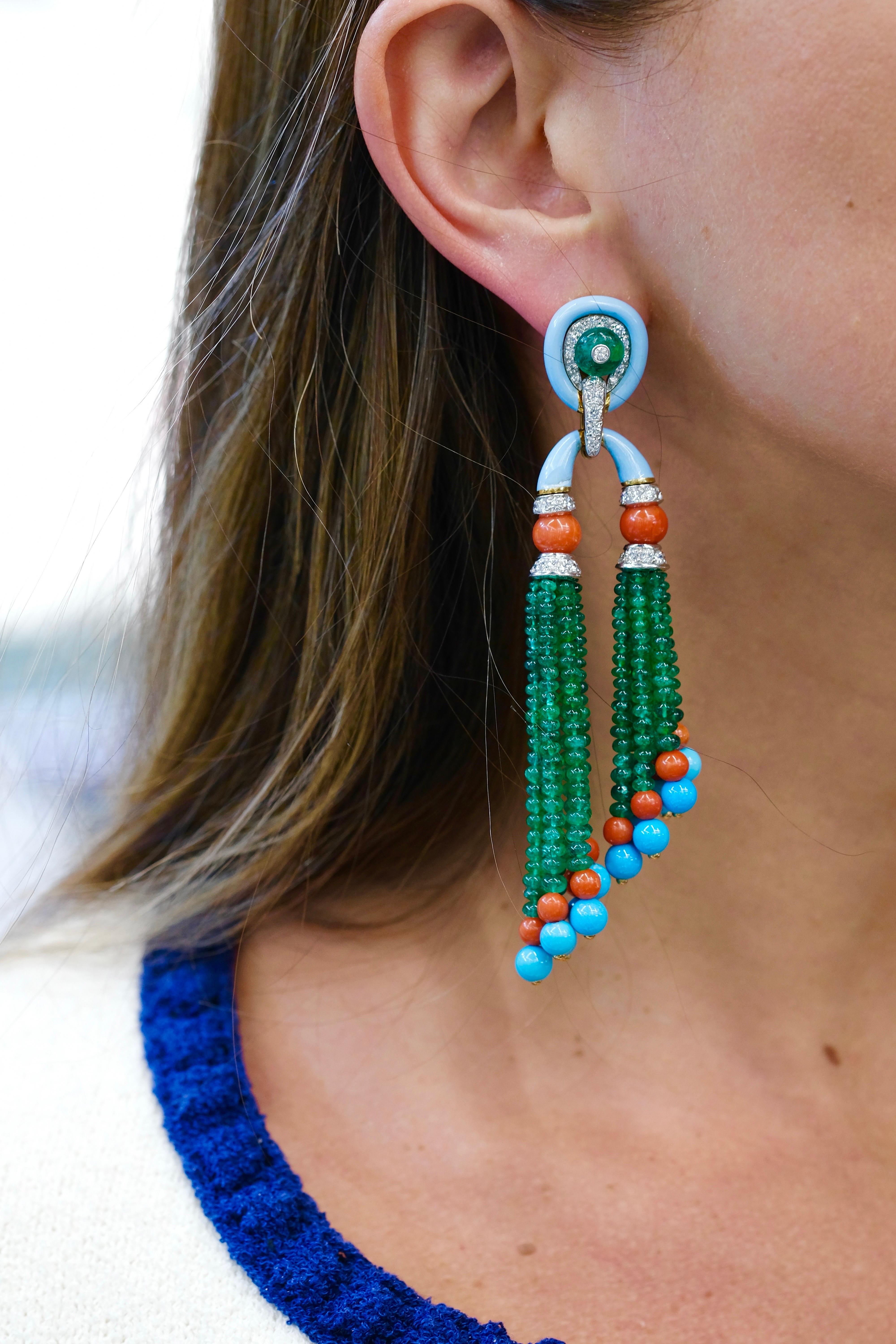 David Webb Pagoda Tassel Emerald And Turquoise Diamond Drop Dangling Earrings For Sale 3