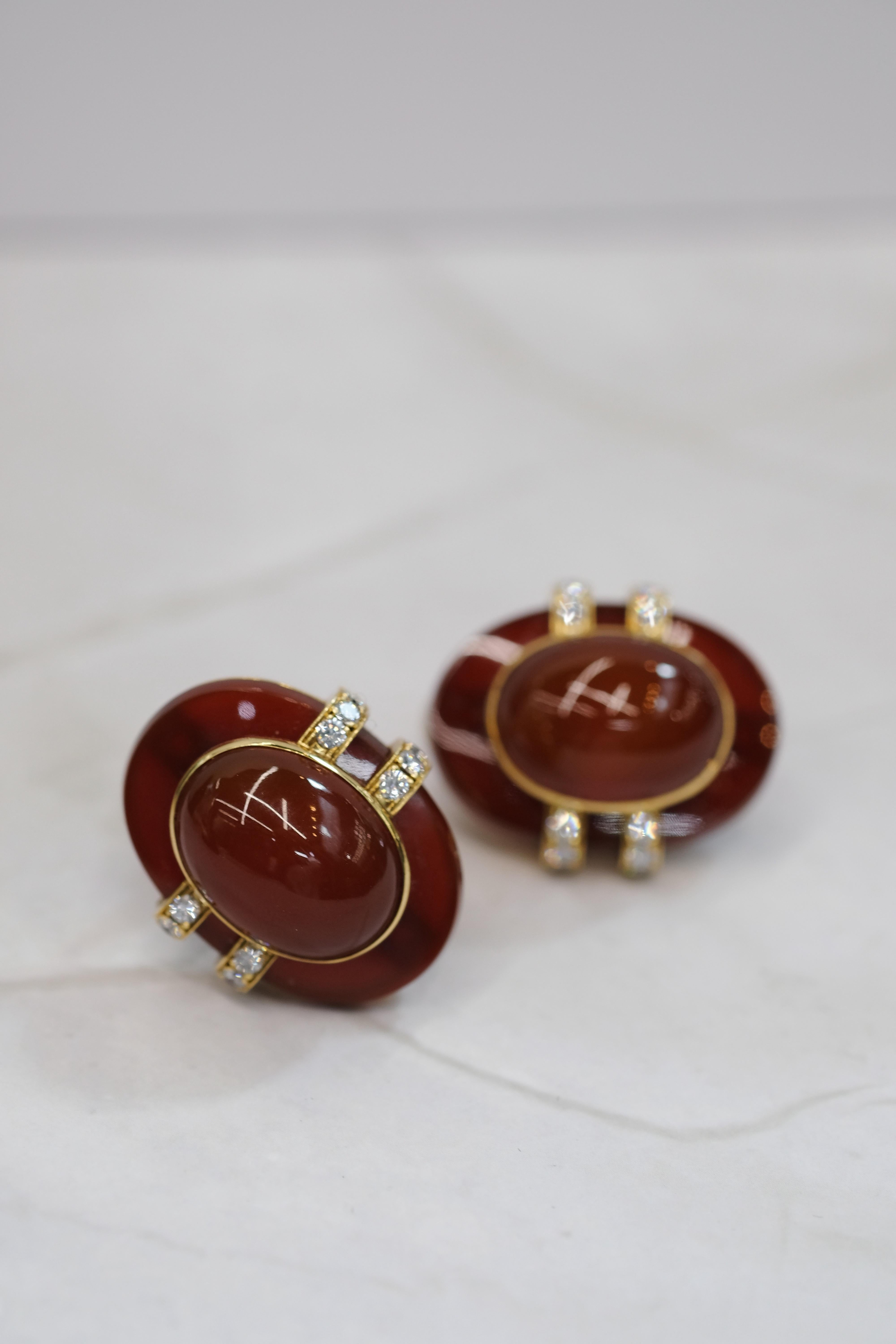 Women's David Webb 18k Yellow Gold  Carnelian and Diamond Clip Earrings For Sale