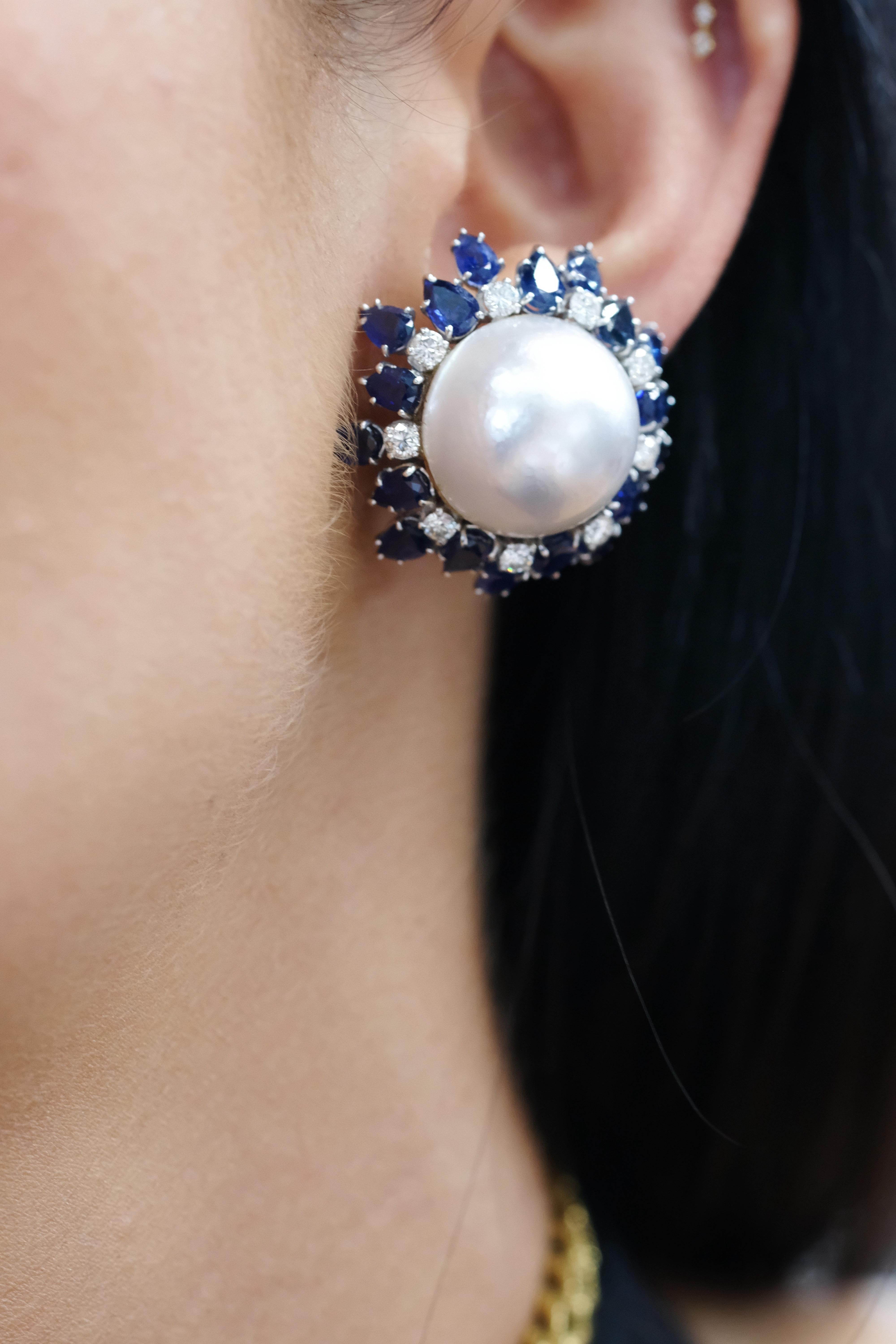 David Webb Platinum & 18K White Gold Sapphire, Diamond, Pearl Earrings In Excellent Condition For Sale In New York, NY
