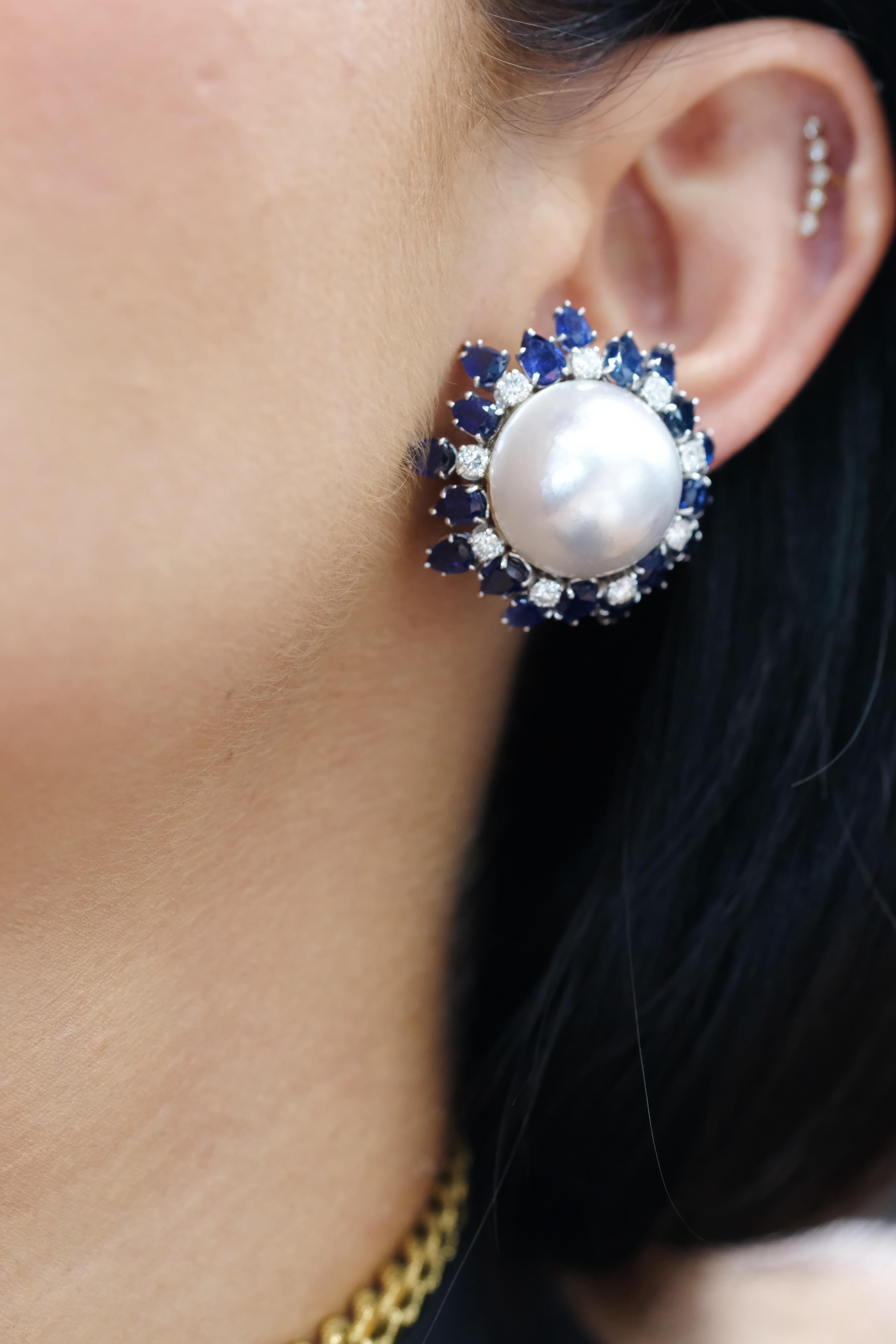 Round Cut David Webb Platinum & 18K White Gold Sapphire, Diamond, Pearl Earrings For Sale