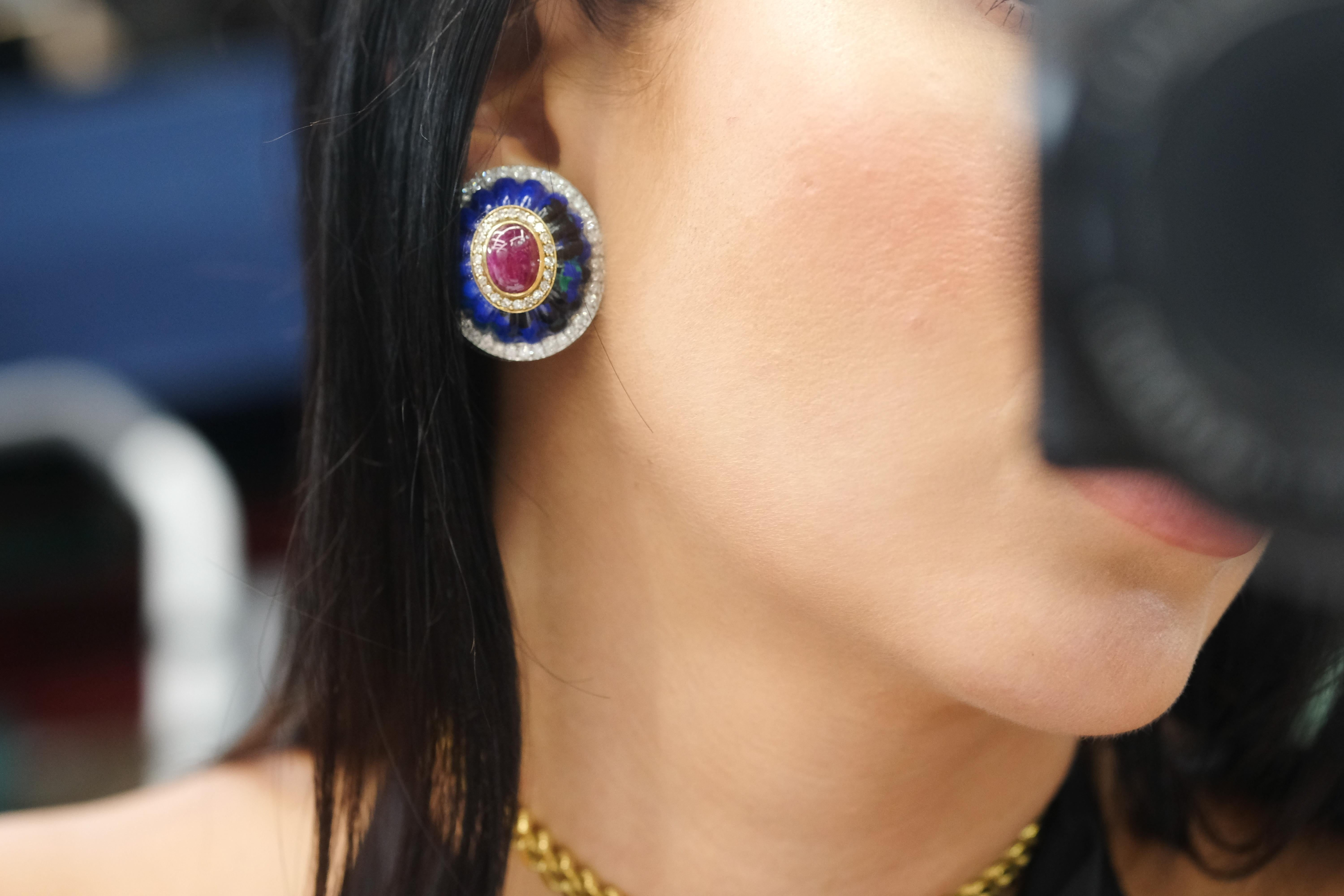 David Webb - Boucles d'oreilles clips en platine et or jaune 18 carats - Azurmalachite, diamant et rubis Pour femmes en vente
