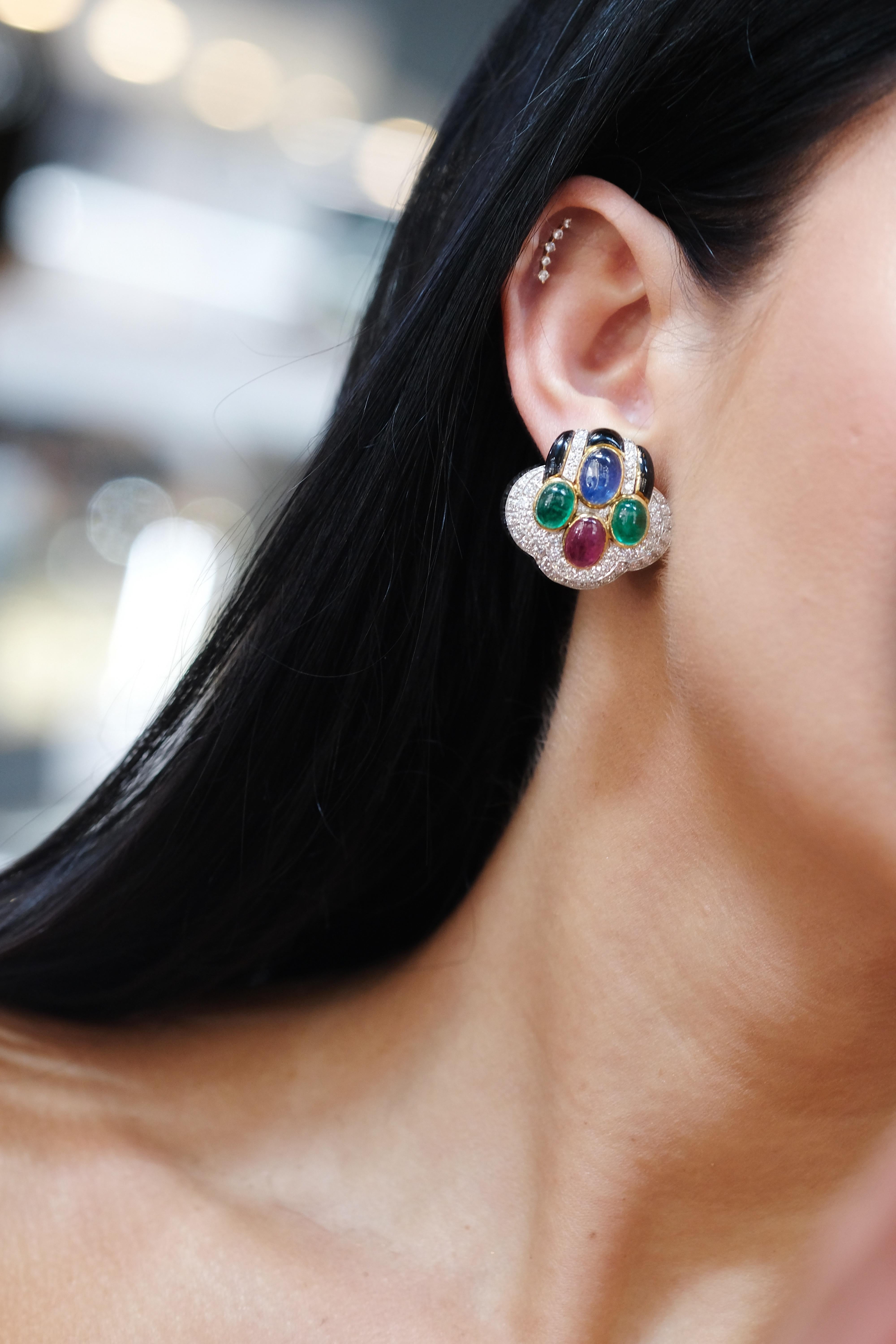David Webb 18k Yellow Gold Black Enamel Diamond Sapphire Emerald Ruby Earrings In Excellent Condition For Sale In New York, NY
