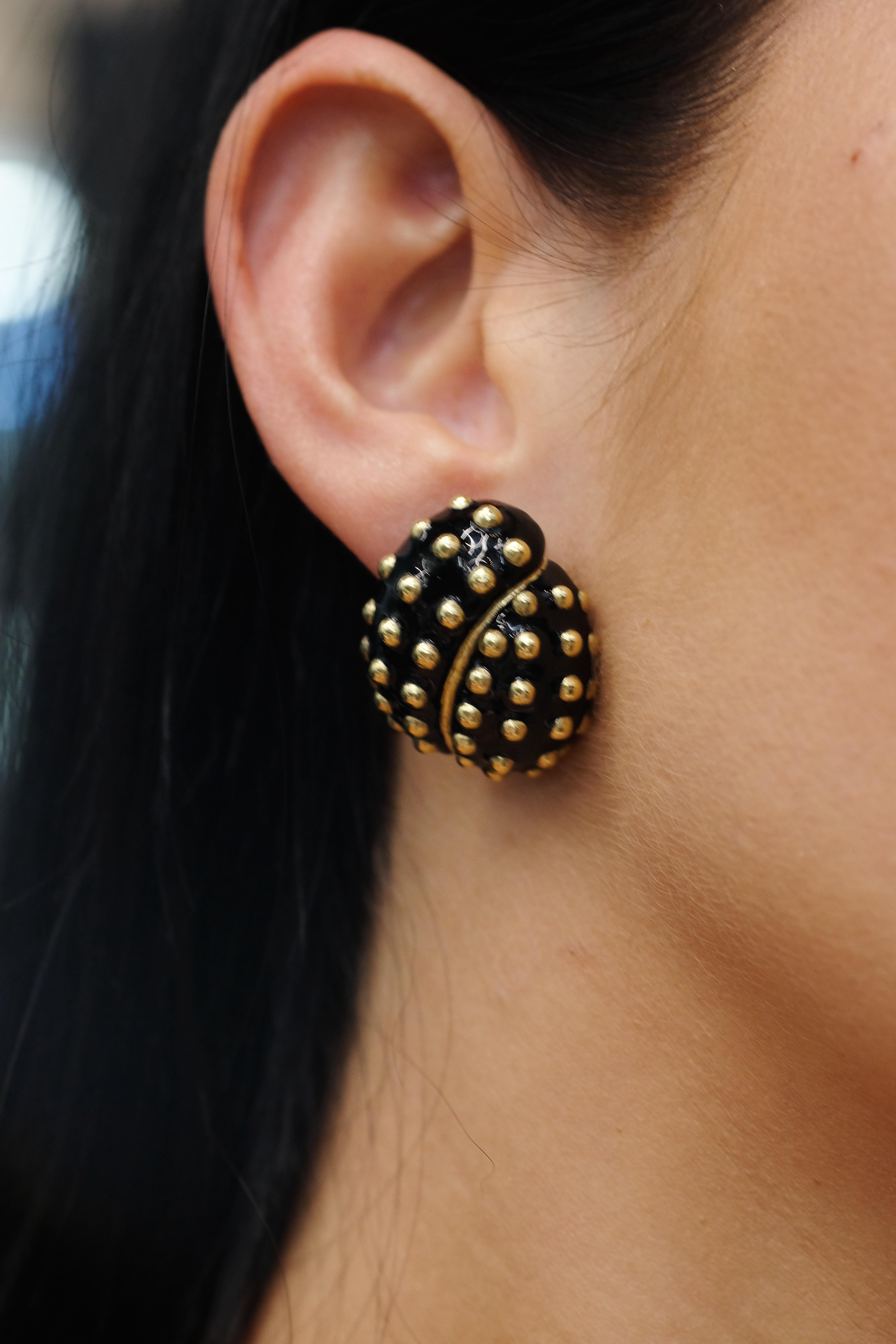 David Webb 18K Yellow Gold Black Enamel Gold Studded Clip Earrings For Sale 2