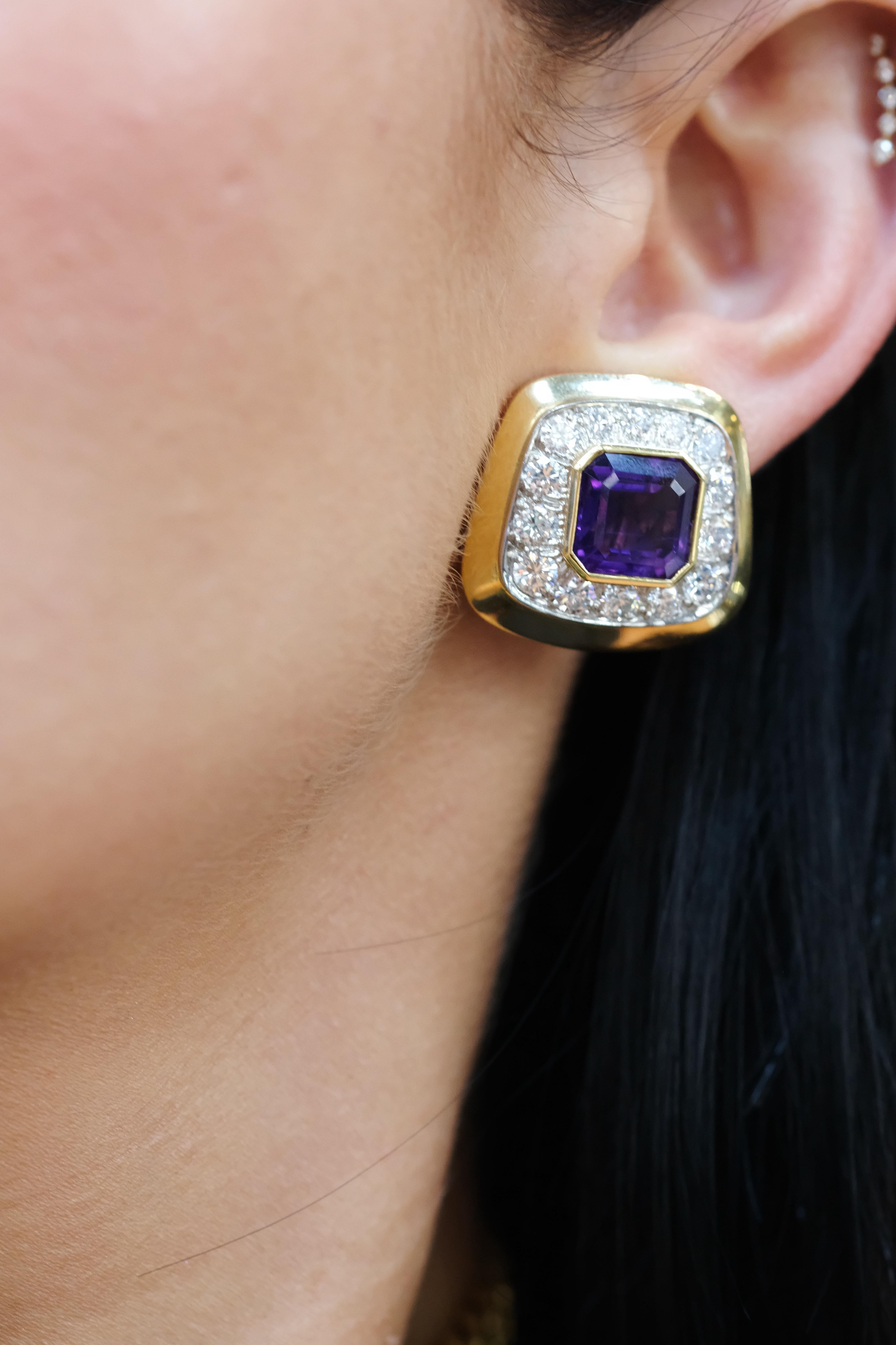 Women's David Webb Yellow Gold Cushion Cut Amethyst and Diamond Clip on Earrings For Sale