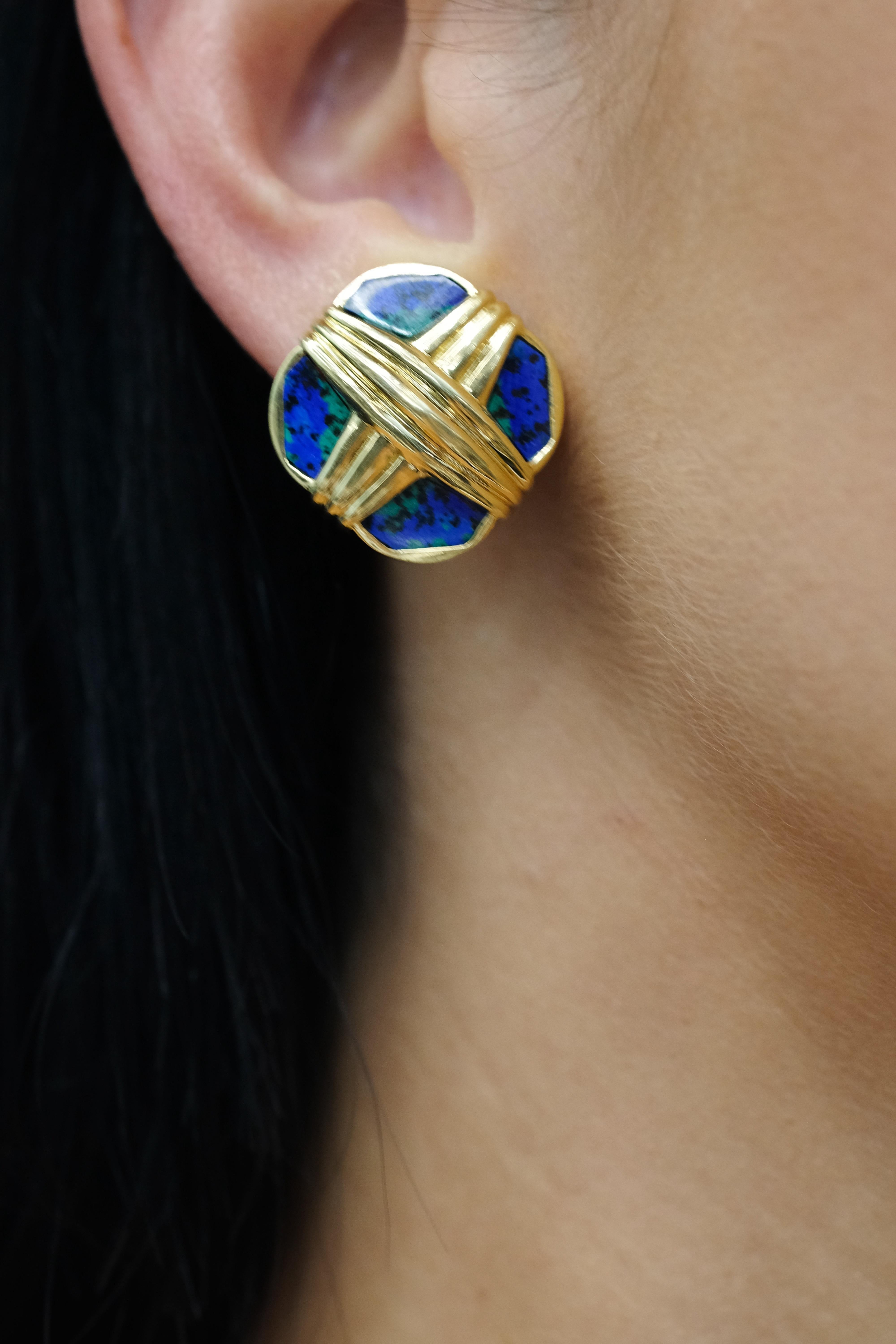 David Webb Platinum & 18K Yellow Gold Azurmalachite X-Design Earrings For Sale 2