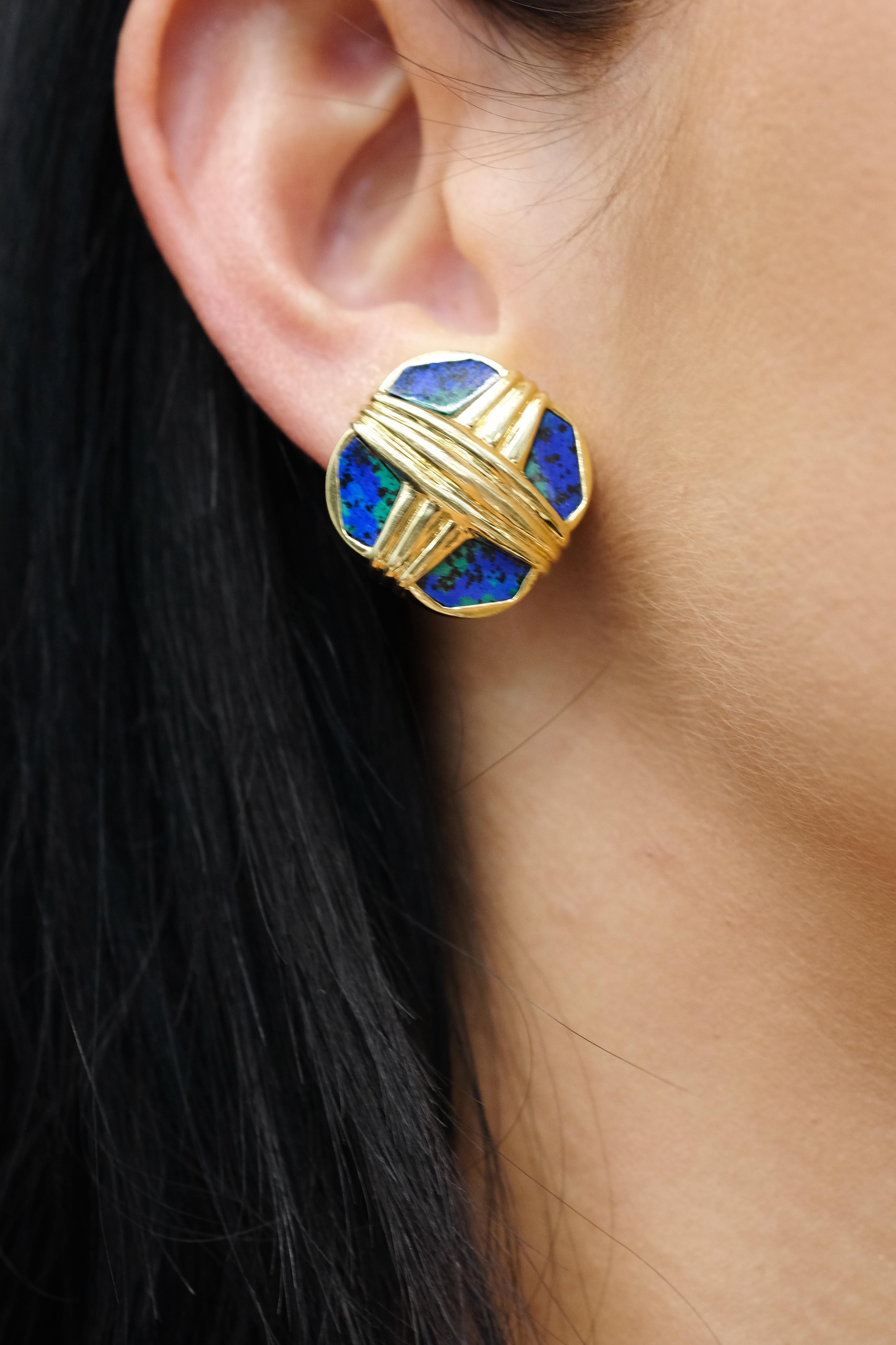 David Webb Platinum & 18K Yellow Gold Azurmalachite X-Design Earrings For Sale 3