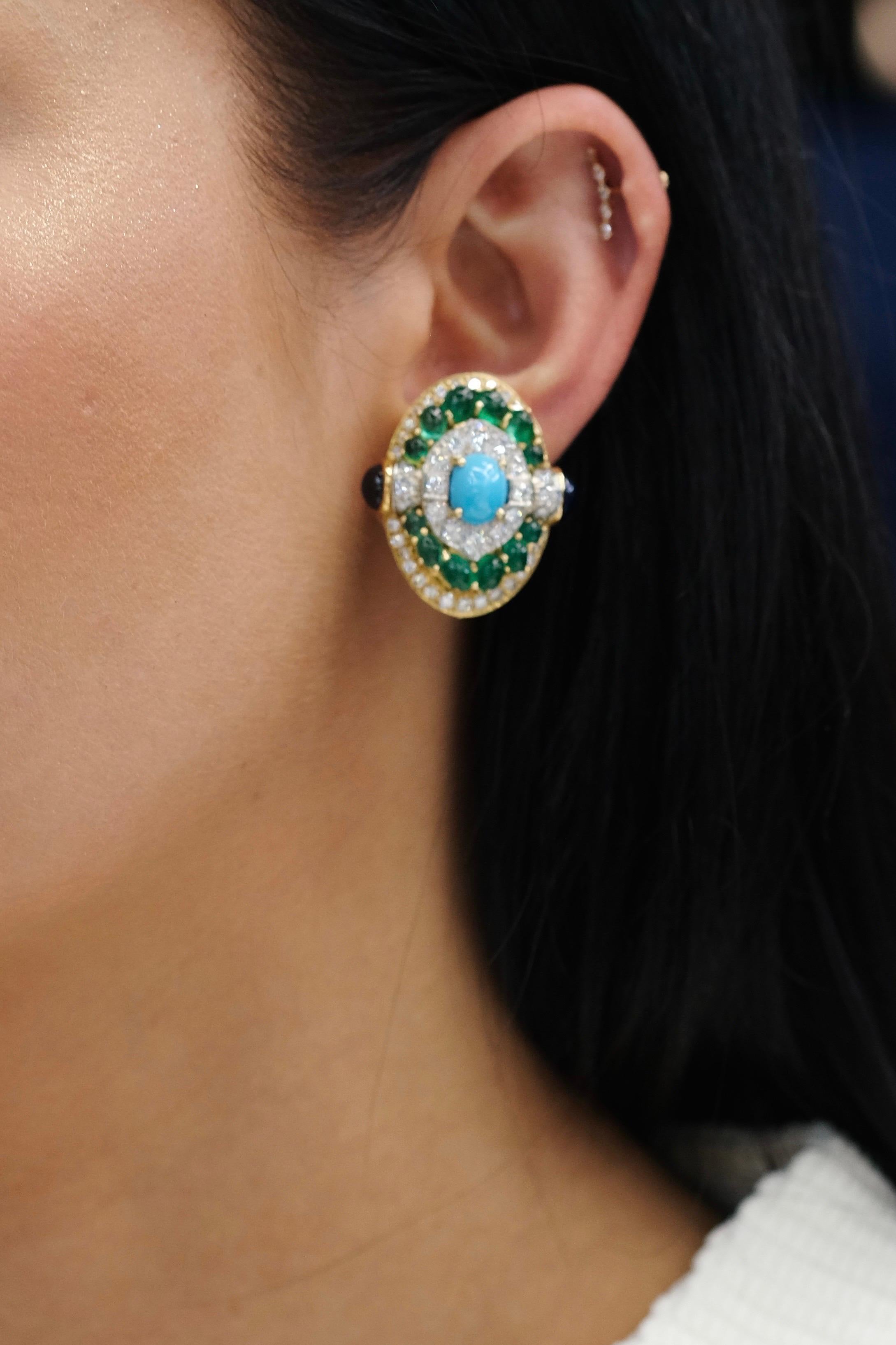 David Webb Platinum, 18K Yellow Gold Turquoise Emerald And Diamond Clip Earrings For Sale 1