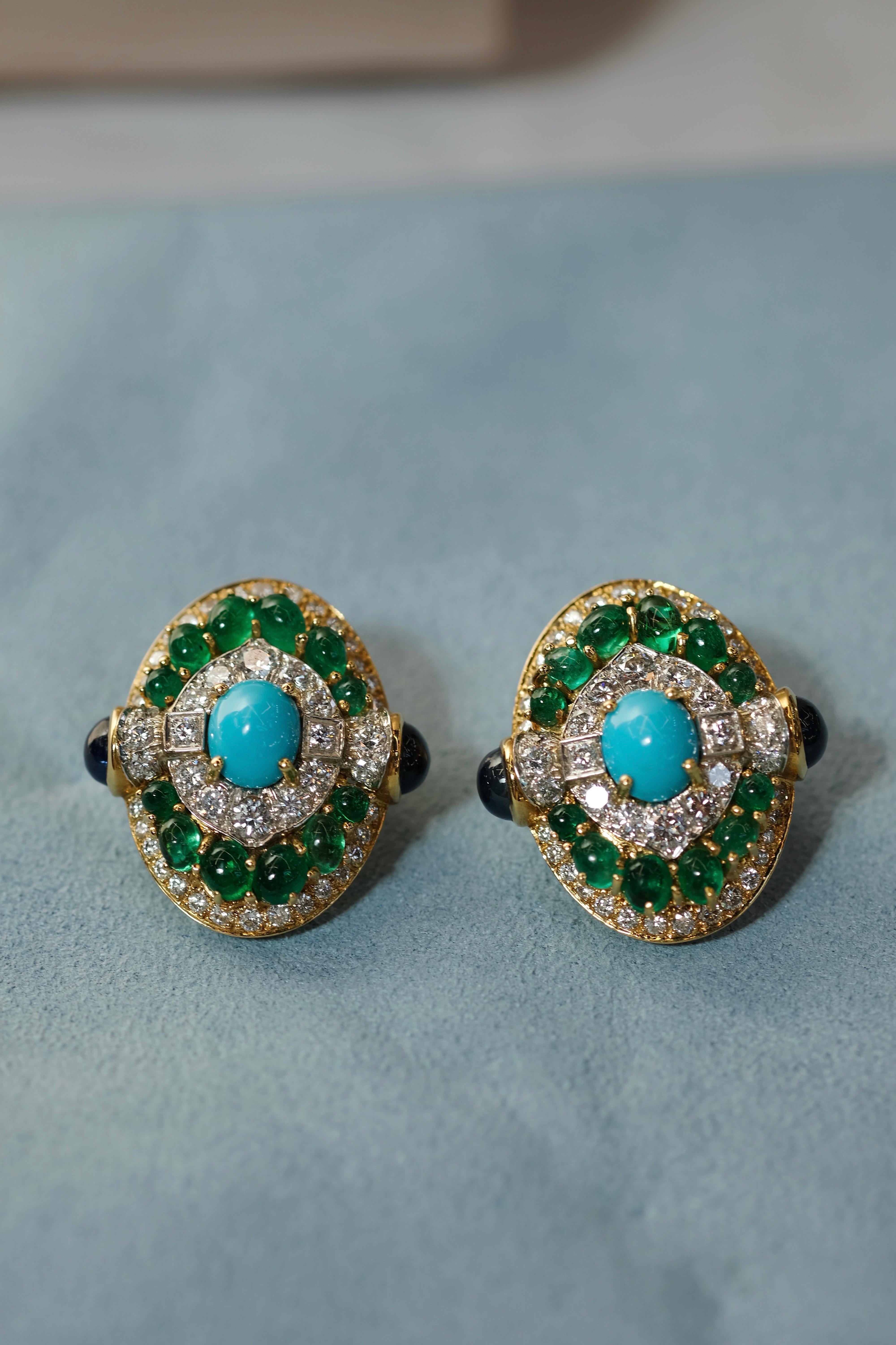 Women's David Webb Platinum, 18K Yellow Gold Turquoise Emerald And Diamond Clip Earrings For Sale