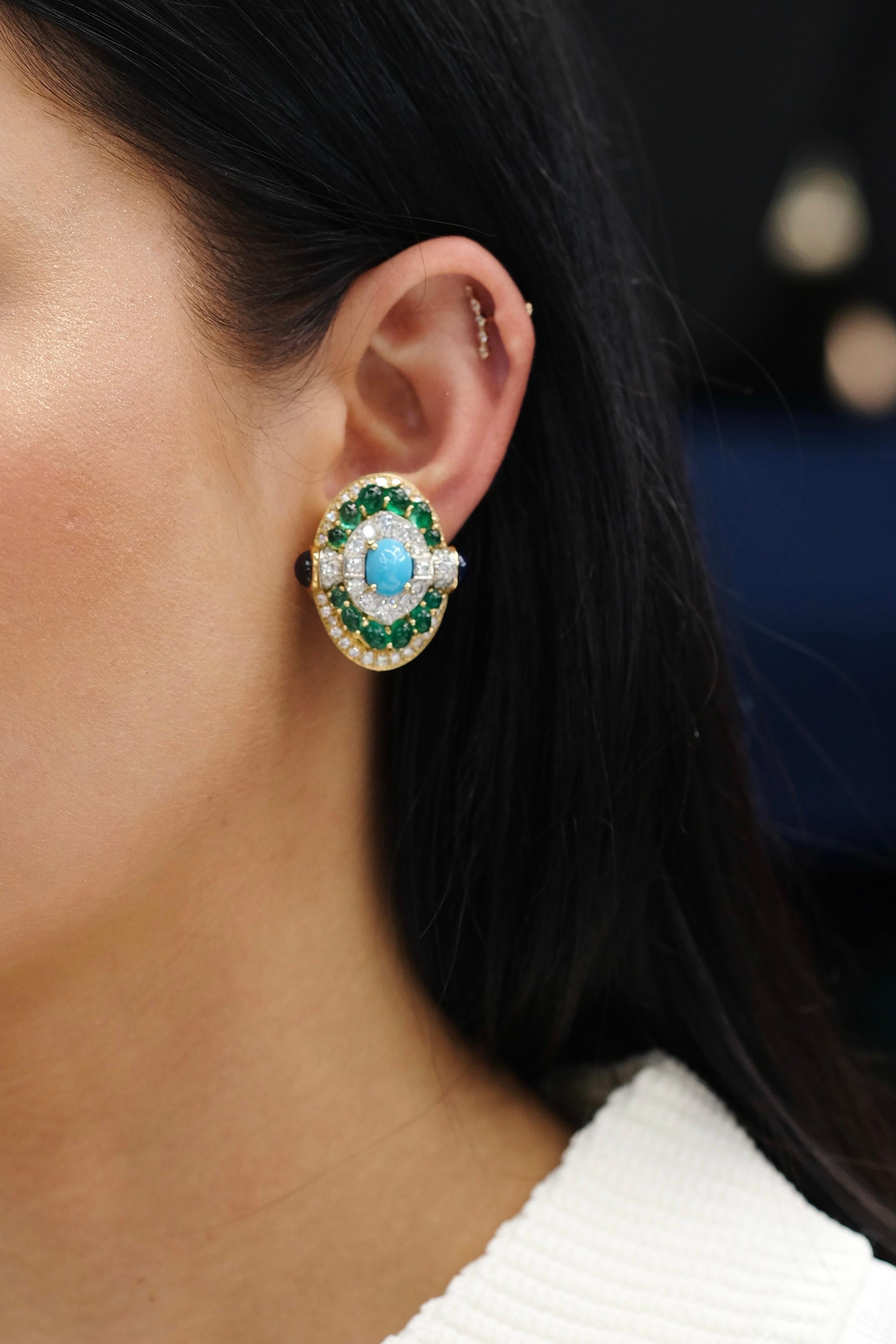 David Webb Platinum, 18K Yellow Gold Turquoise Emerald And Diamond Clip Earrings For Sale 2