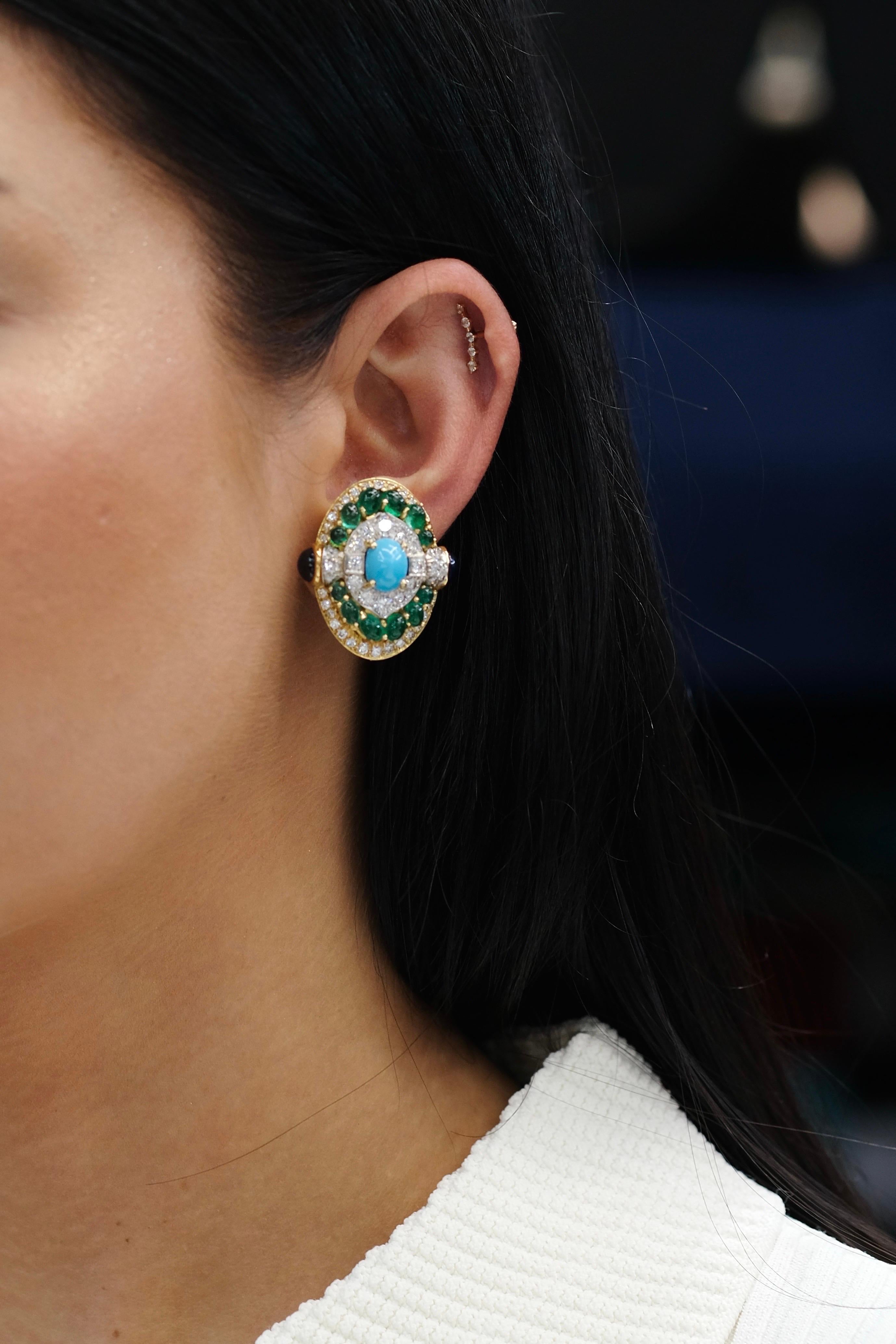 David Webb Platinum, 18K Yellow Gold Turquoise Emerald And Diamond Clip Earrings For Sale 3