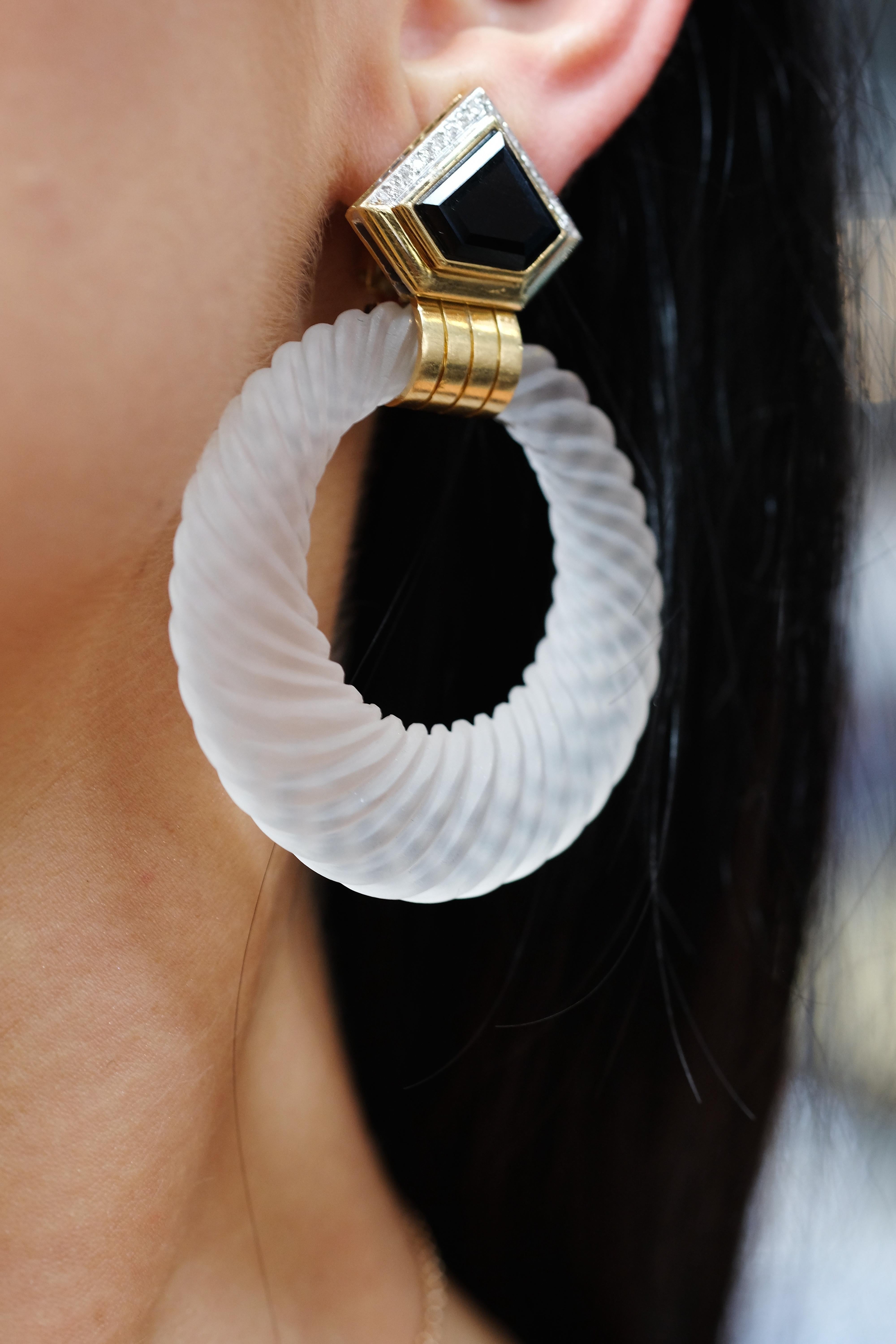 David Webb 18K Yellow Gold Rock Crystal Hoop Earrings For Sale 2