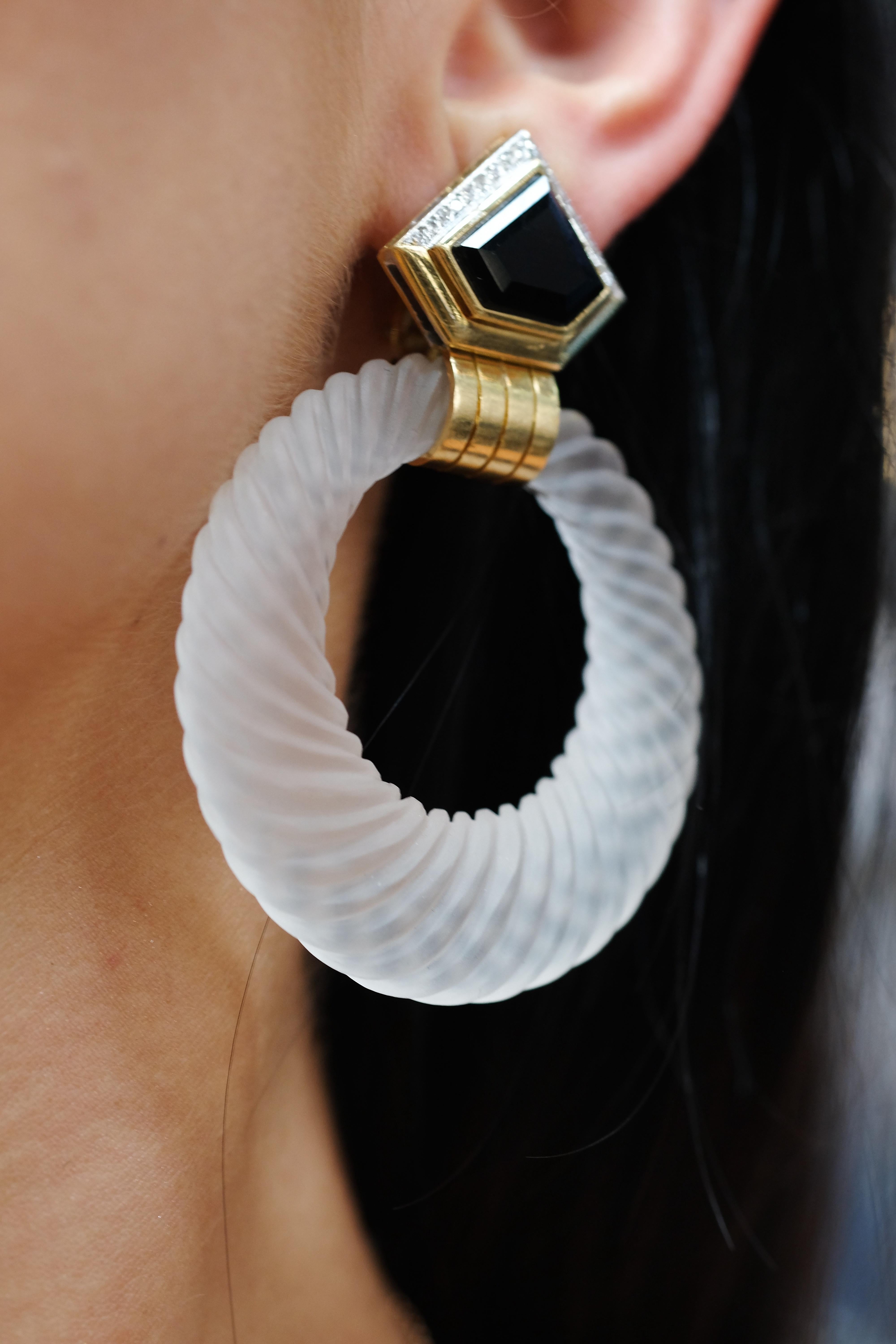 David Webb 18K Yellow Gold Rock Crystal Hoop Earrings For Sale 4