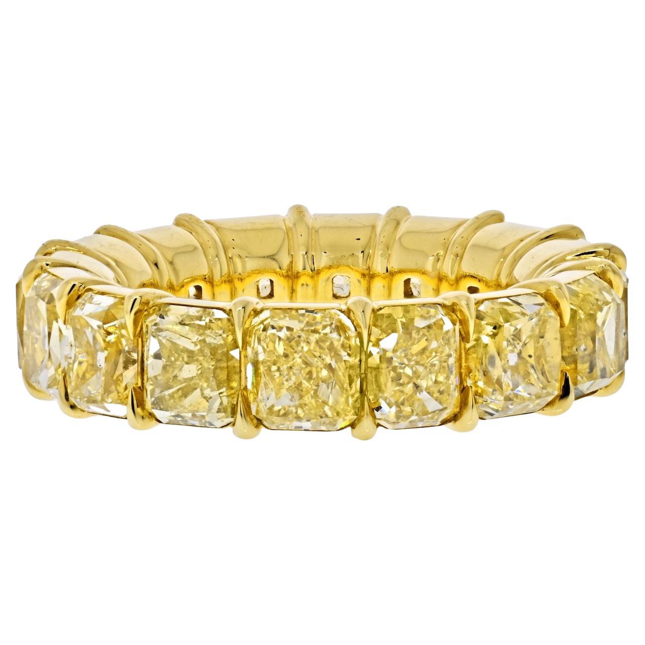 Anneau d'éternité en or jaune 18 carats de 14,28 carats, de couleur jaune fantaisie, taille coussin