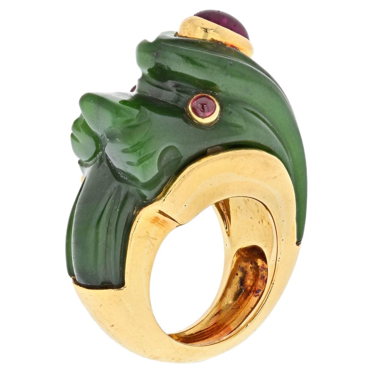 David Webb 18K Yellow Gold Nephrite, Ruby Lion Ring For Sale
