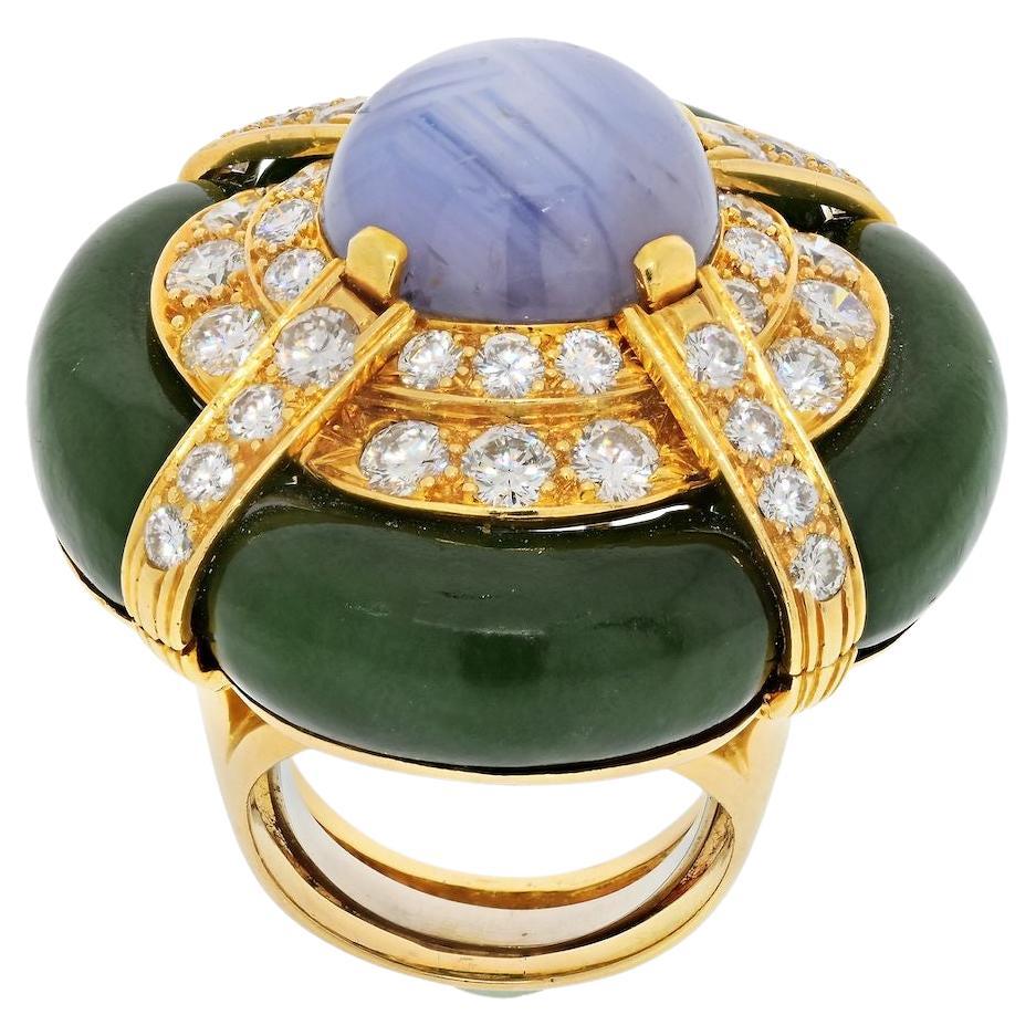 David Webb 18K Yellow Gold Star Sapphire, Diamond and Nephrite Ring