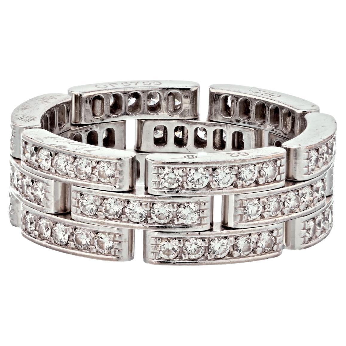 Cartier 18K White Gold Maillon Panthere Three Diamond Row Ring For Sale