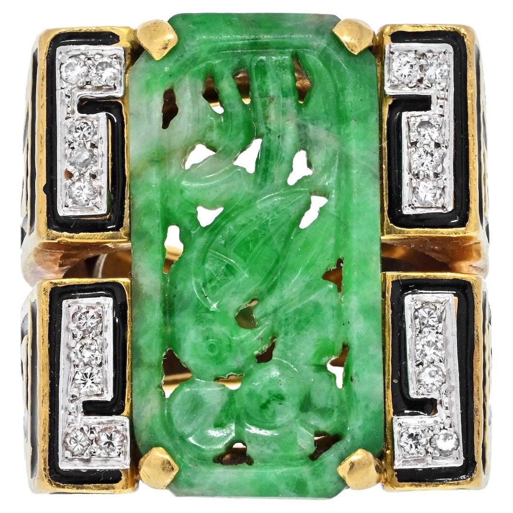 David Webb Black Enamel and Carved Green Jade Ring in 18K Gold For Sale
